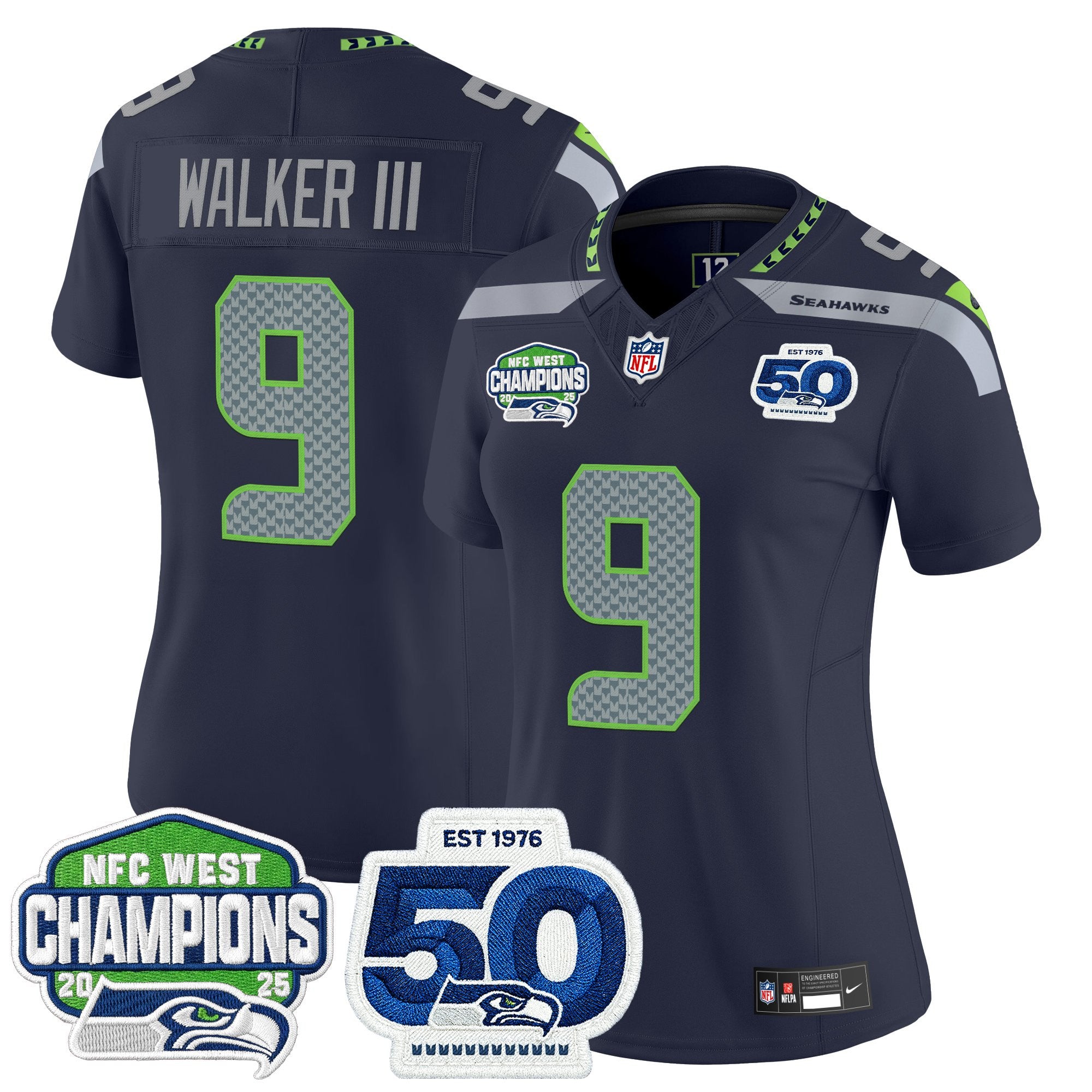 Women's Seattle Seahawks 2025 NFC West Division Champions & 50th Anniversary Patch Vapor Limited Jersey - All Stitched