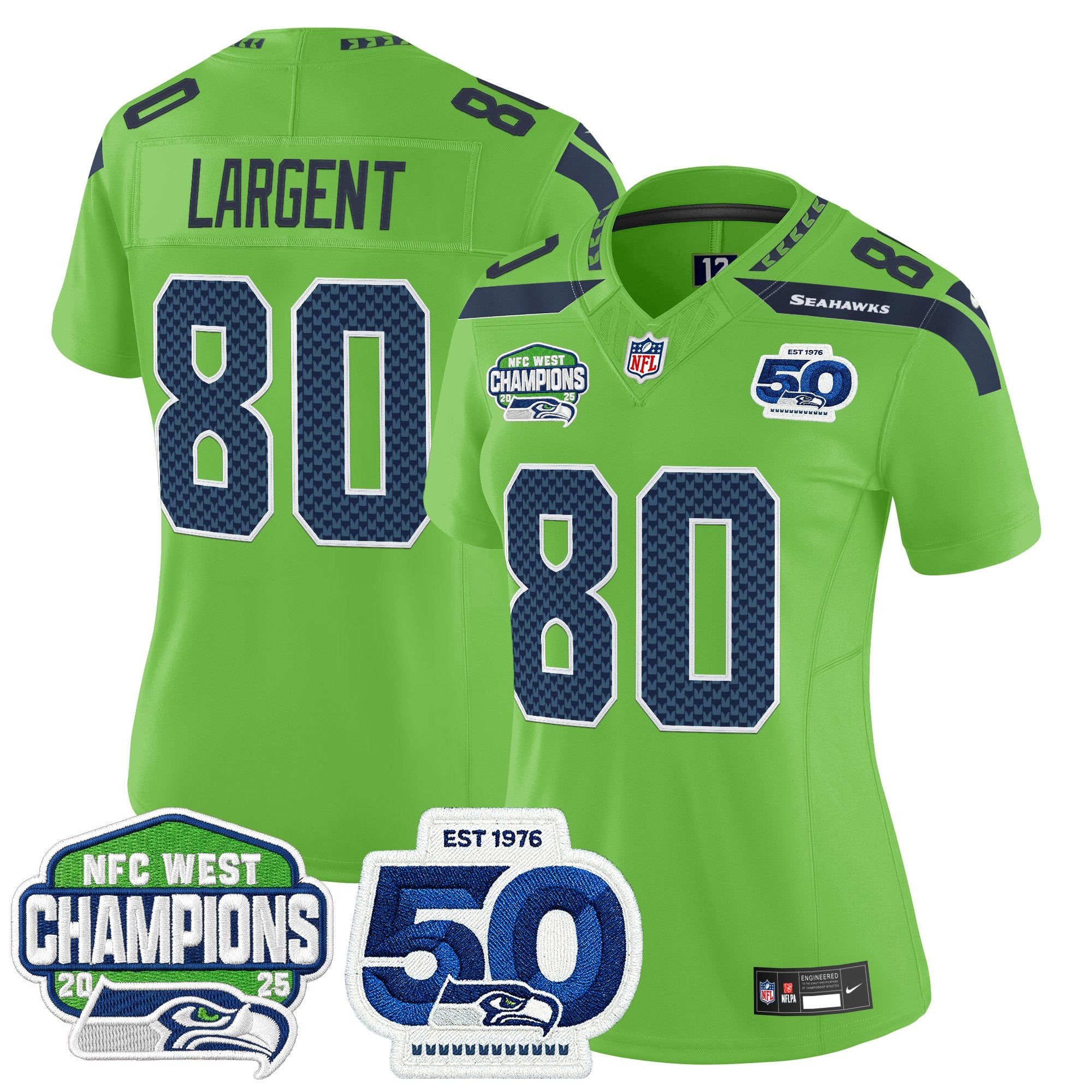 Women's Seattle Seahawks 2025 NFC West Division Champions & 50th Anniversary Patch Vapor Limited Jersey - All Stitched