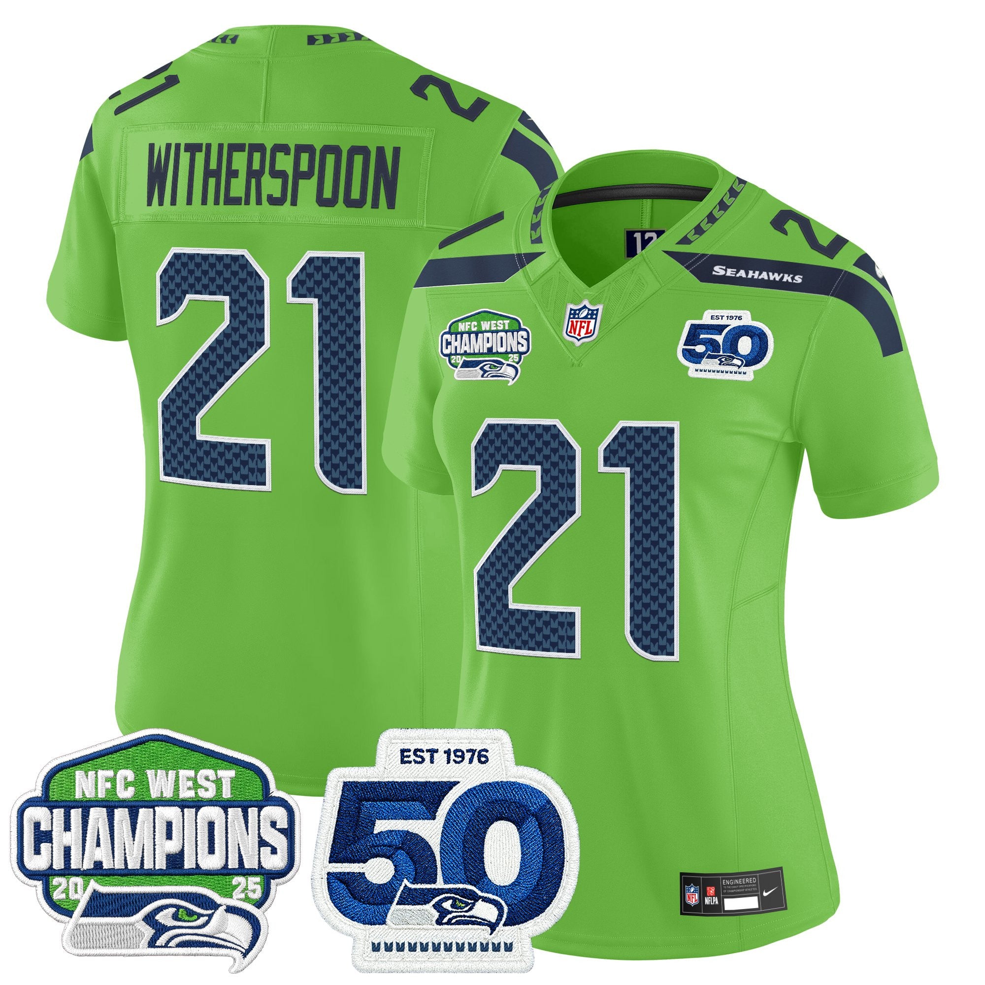 Women's Seattle Seahawks 2025 NFC West Division Champions & 50th Anniversary Patch Vapor Limited Jersey - All Stitched