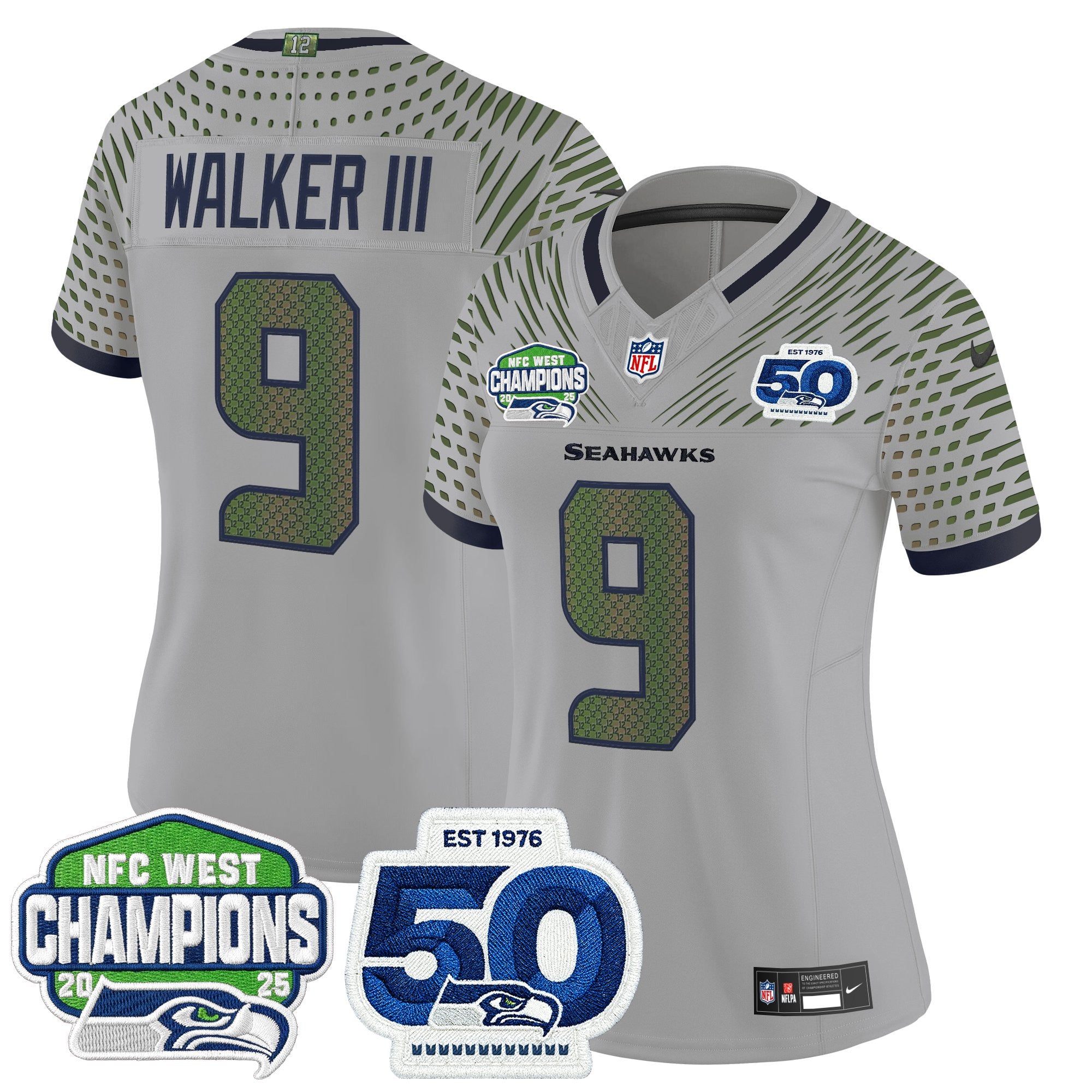 Women's Seattle Seahawks 2025 NFC West Division Champions & 50th Anniversary Patch Vapor Limited Jersey - All Stitched