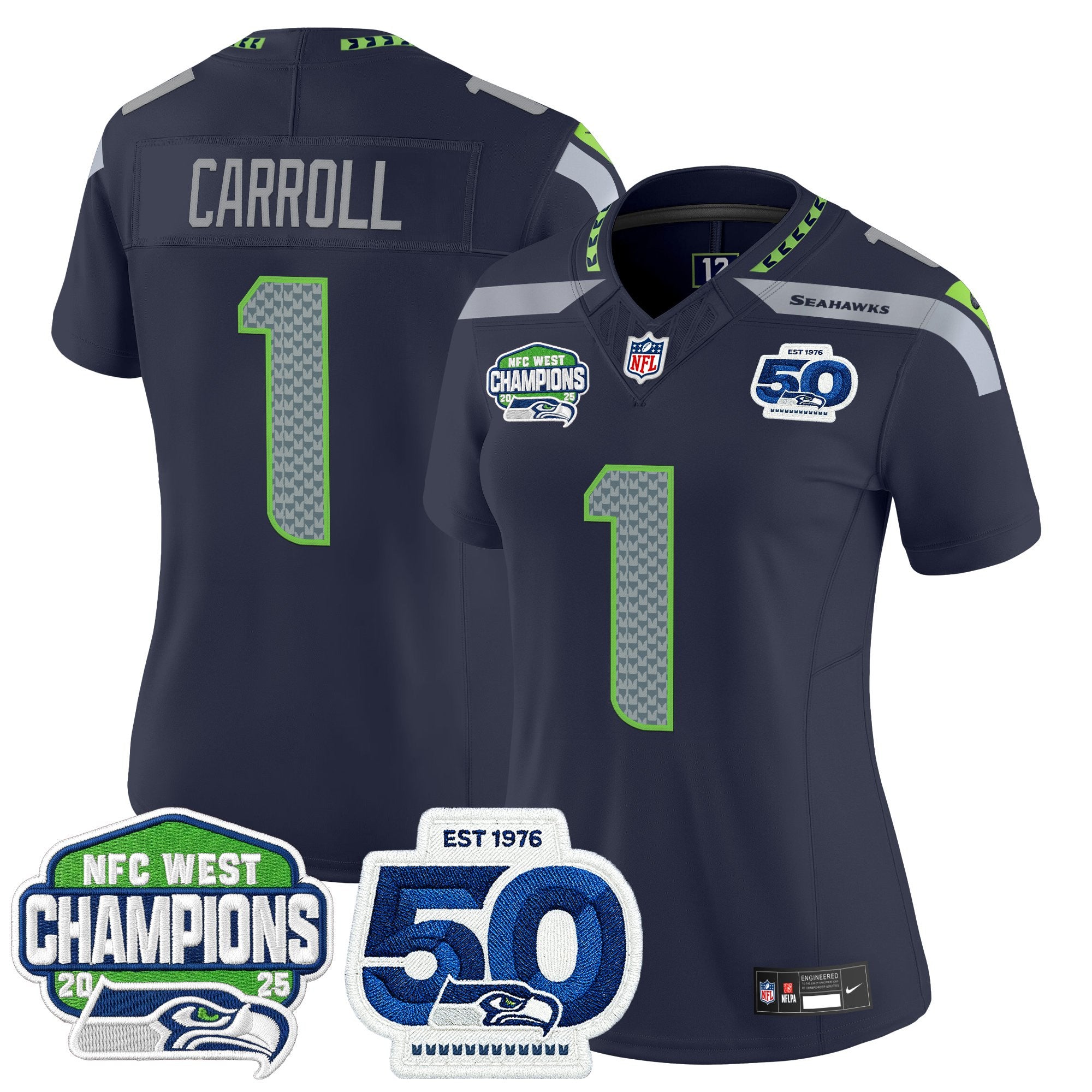 Women's Seattle Seahawks 2025 NFC West Division Champions & 50th Anniversary Patch Vapor Limited Jersey - All Stitched