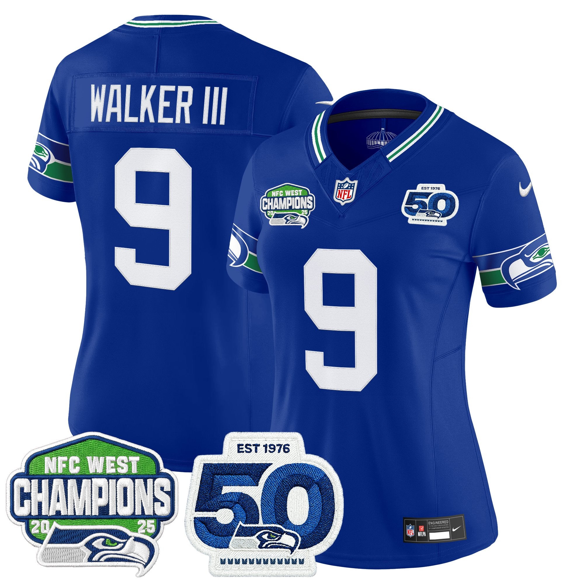 Women's Seattle Seahawks 2025 NFC West Division Champions & 50th Anniversary Patch Vapor Limited Jersey - All Stitched