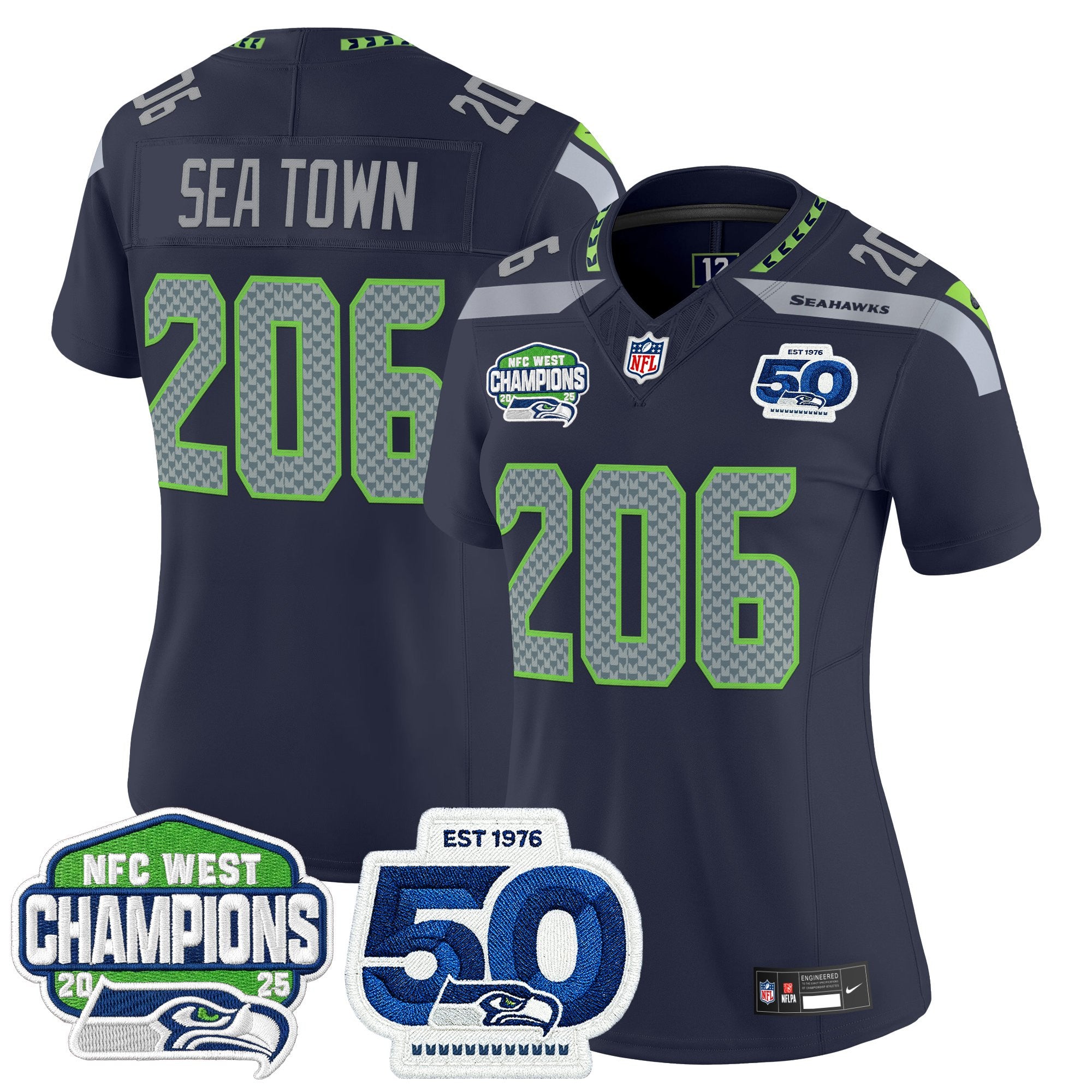Women's Seattle Seahawks 2025 NFC West Division Champions & 50th Anniversary Patch Vapor Limited Jersey - All Stitched