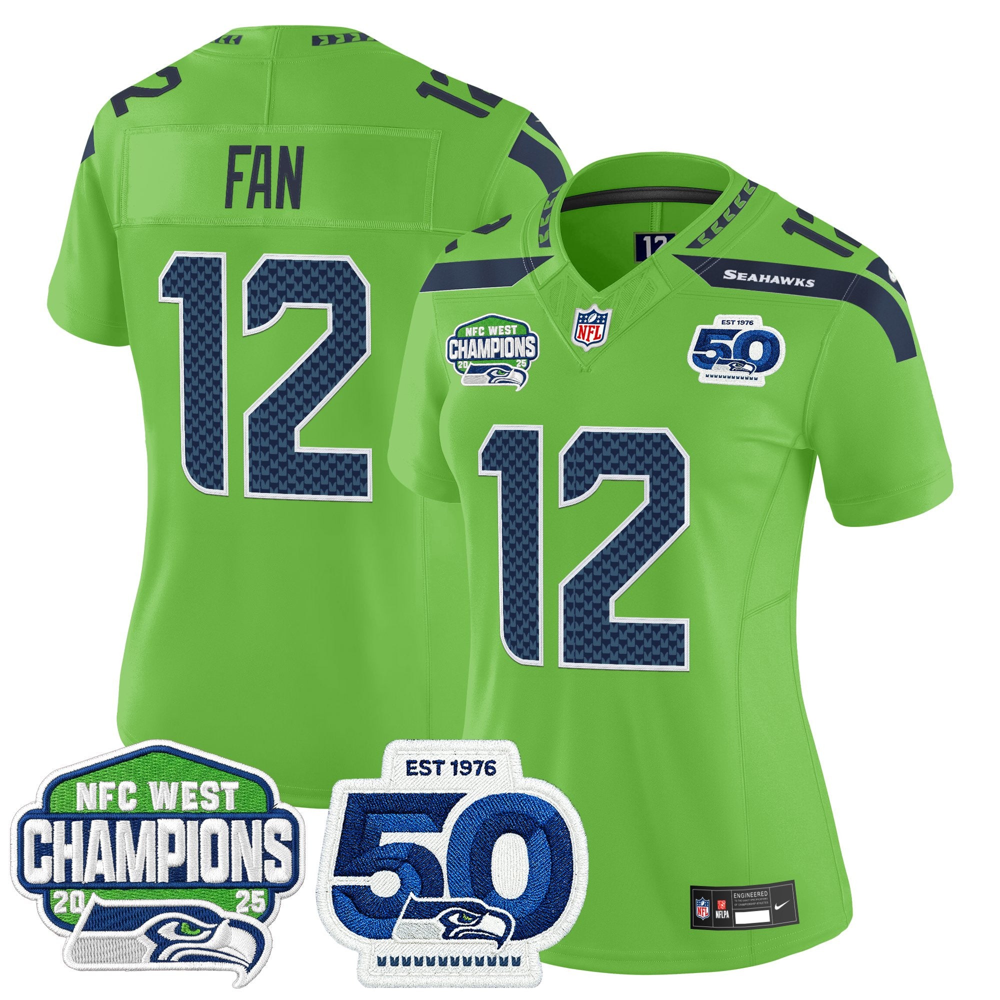 Women's Seattle Seahawks 2025 NFC West Division Champions & 50th Anniversary Patch Vapor Limited Jersey - All Stitched