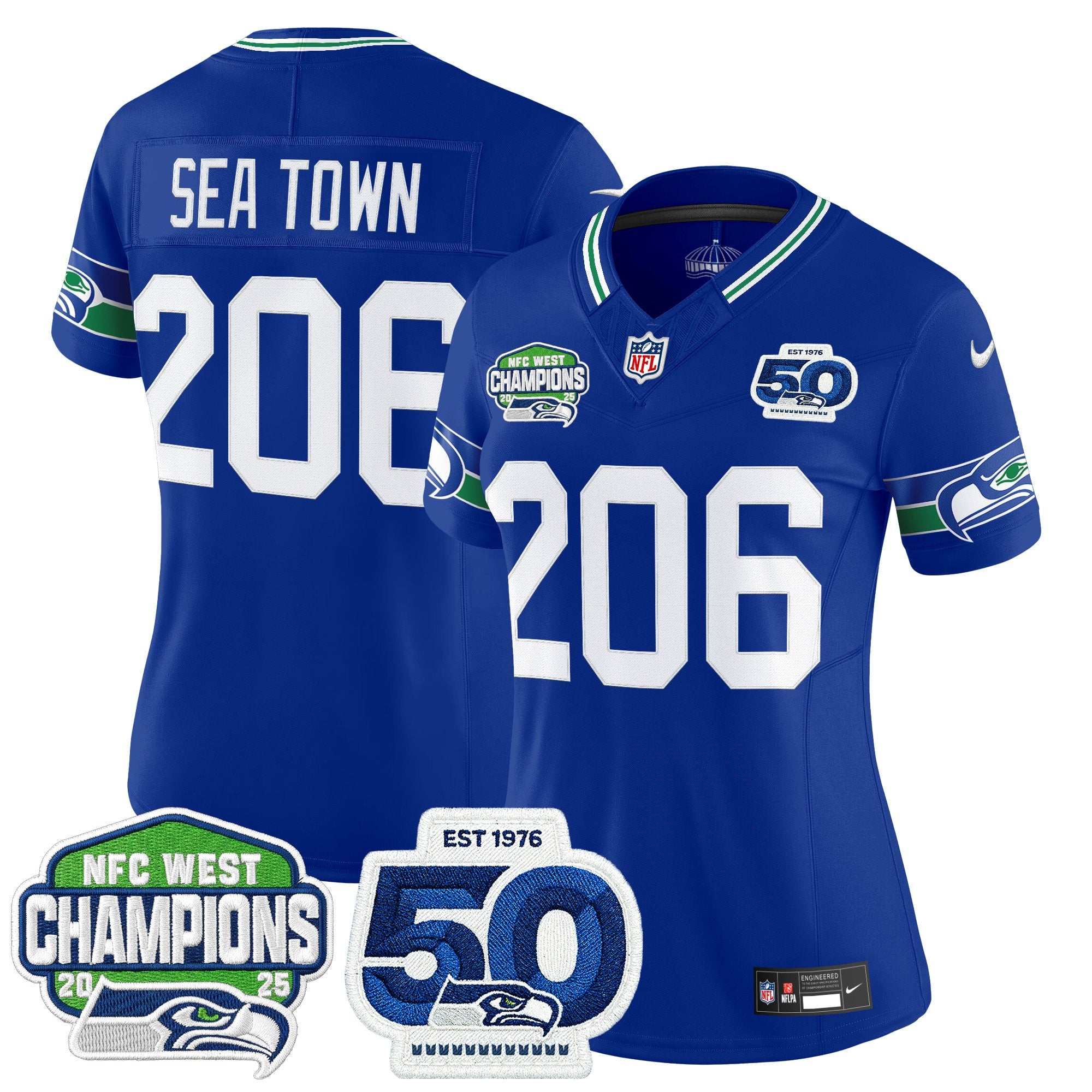 Women's Seattle Seahawks 2025 NFC West Division Champions & 50th Anniversary Patch Vapor Limited Jersey - All Stitched