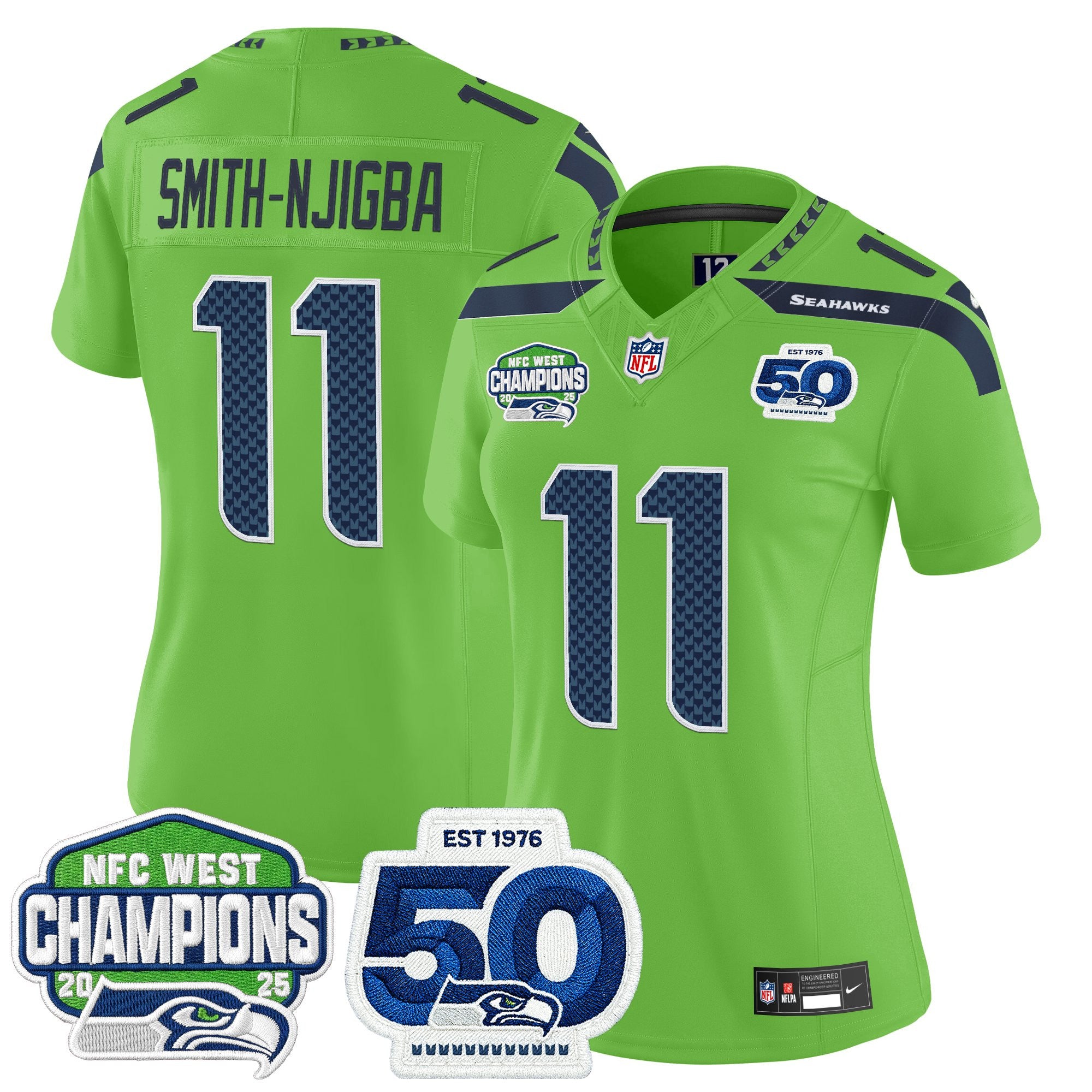 Women's Seattle Seahawks 2025 NFC West Division Champions & 50th Anniversary Patch Vapor Limited Jersey - All Stitched