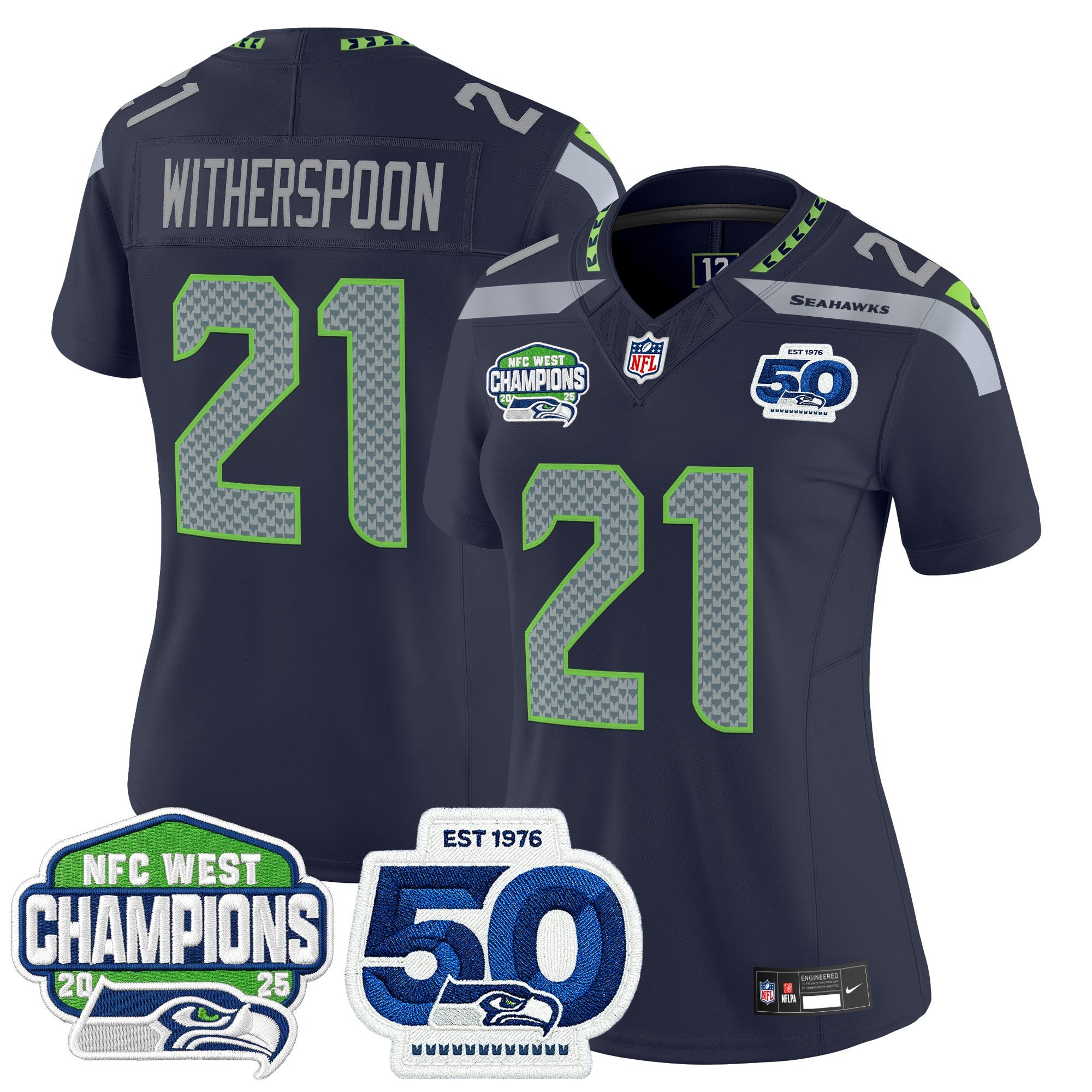 Women's Seattle Seahawks 2025 NFC West Division Champions & 50th Anniversary Patch Vapor Limited Jersey - All Stitched