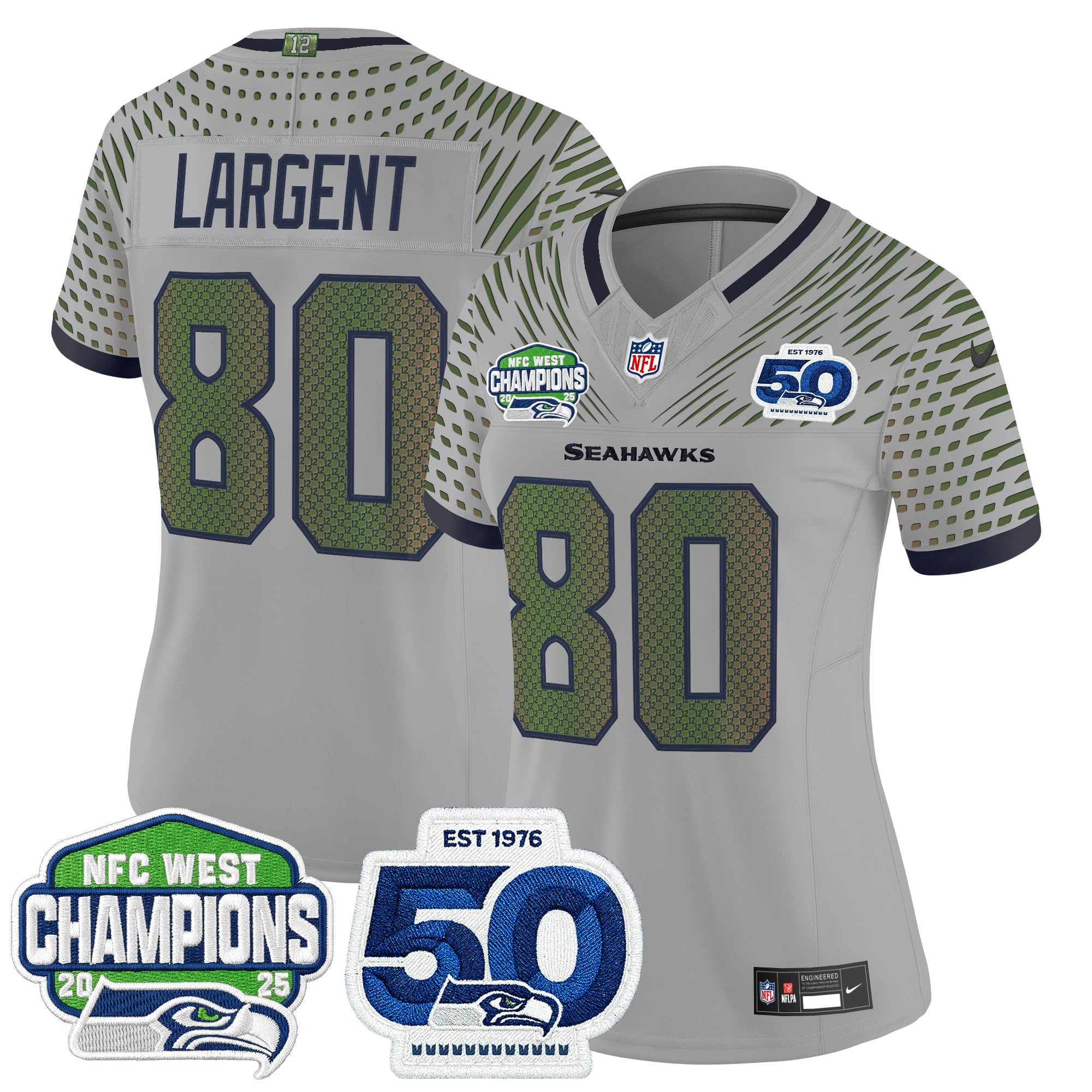 Women's Seattle Seahawks 2025 NFC West Division Champions & 50th Anniversary Patch Vapor Limited Jersey - All Stitched