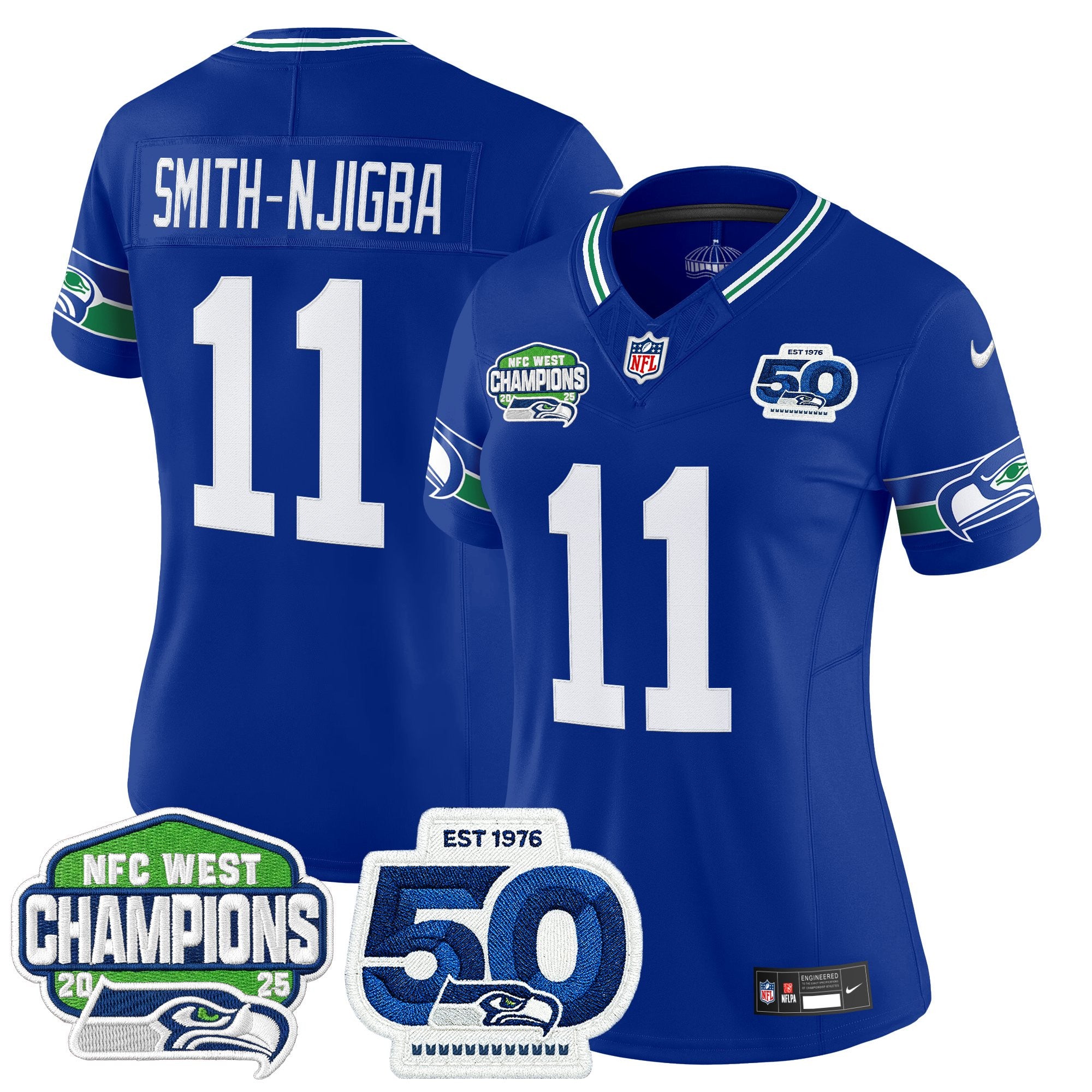 Women's Seattle Seahawks 2025 NFC West Division Champions & 50th Anniversary Patch Vapor Limited Jersey - All Stitched