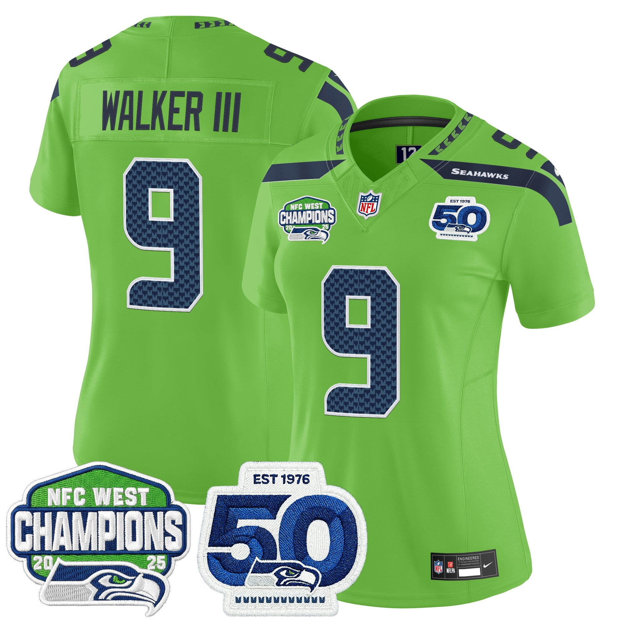 Women's Seattle Seahawks 2025 NFC West Division Champions & 50th Anniversary Patch Vapor Limited Jersey - All Stitched