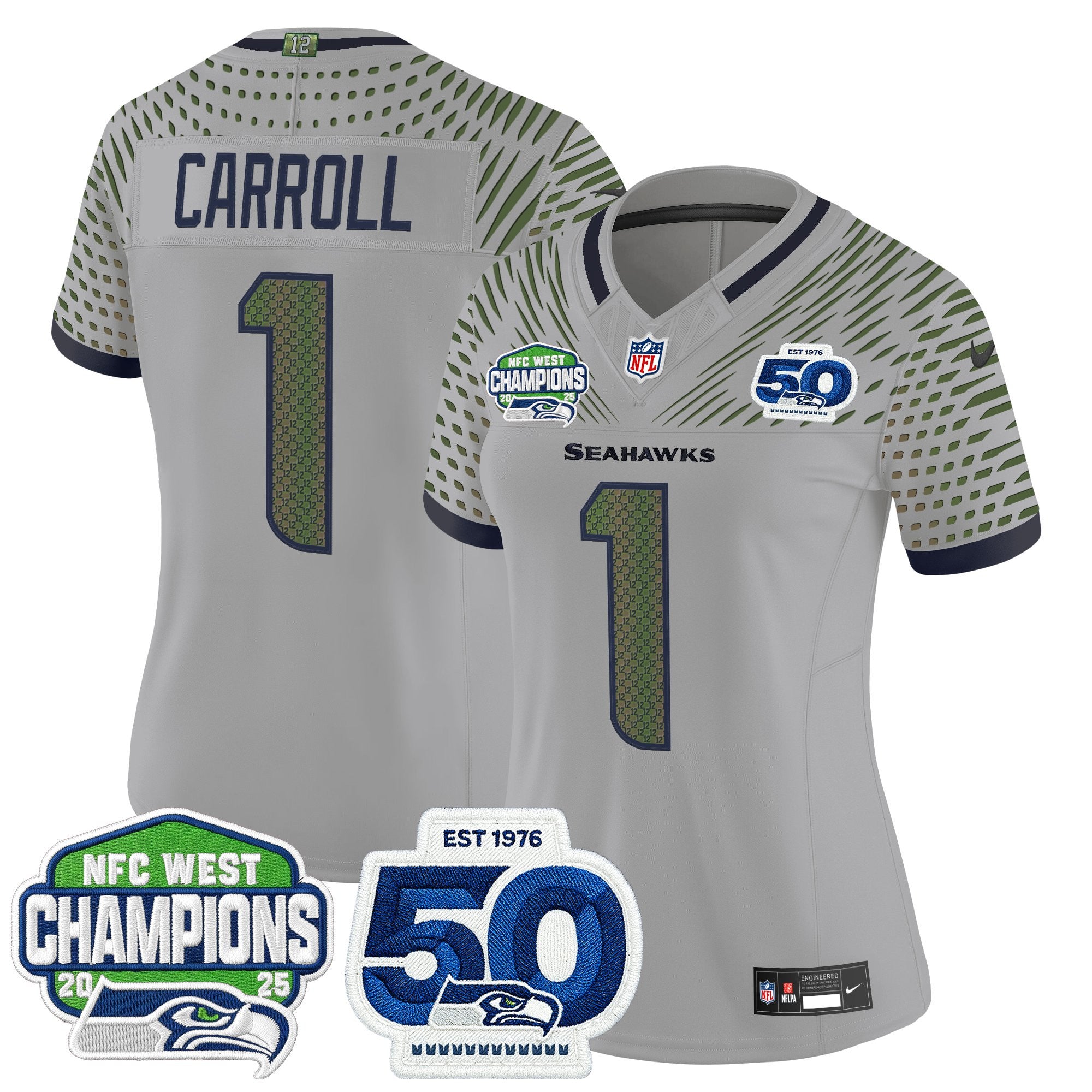 Women's Seattle Seahawks 2025 NFC West Division Champions & 50th Anniversary Patch Vapor Limited Jersey - All Stitched