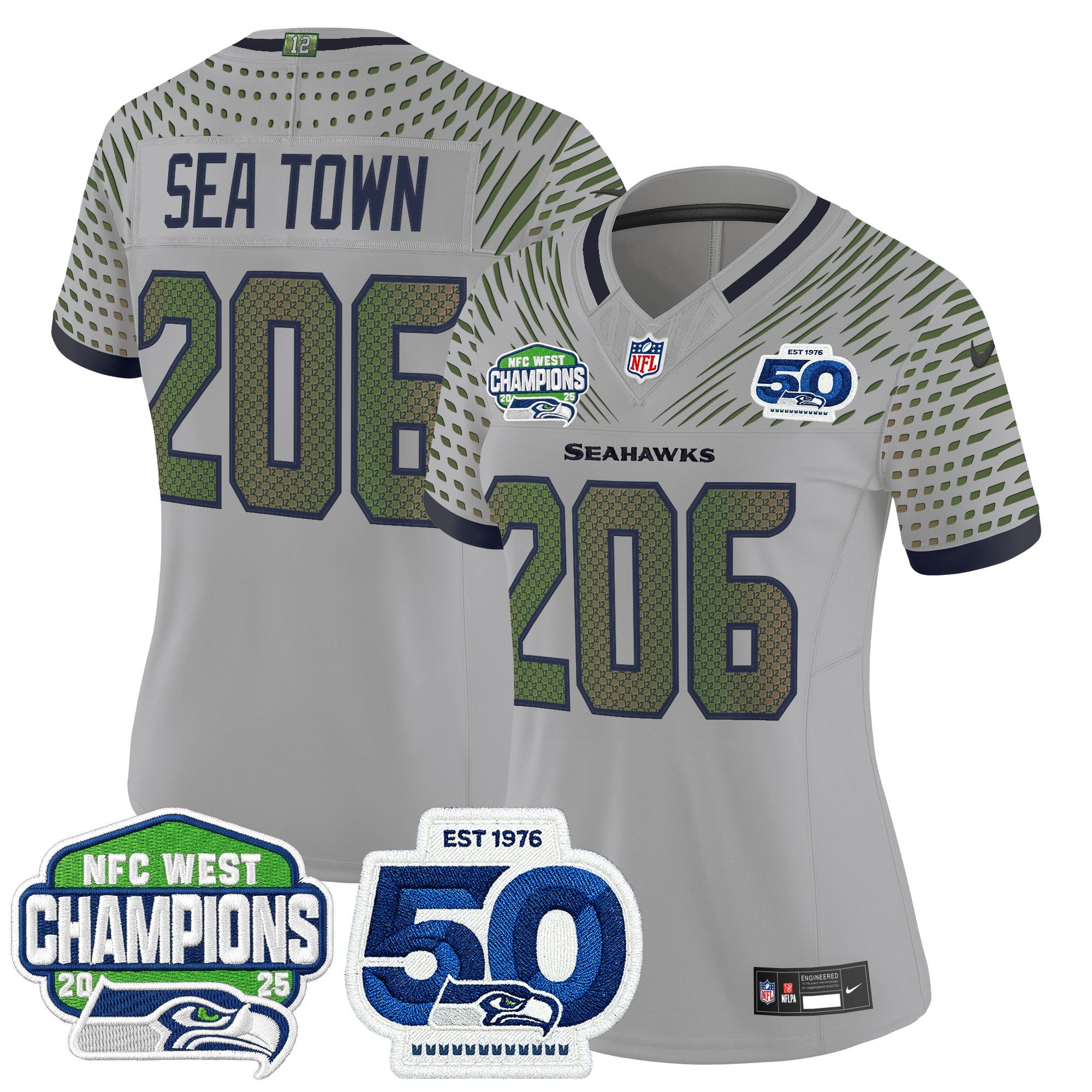 Women's Seattle Seahawks 2025 NFC West Division Champions & 50th Anniversary Patch Vapor Limited Jersey - All Stitched
