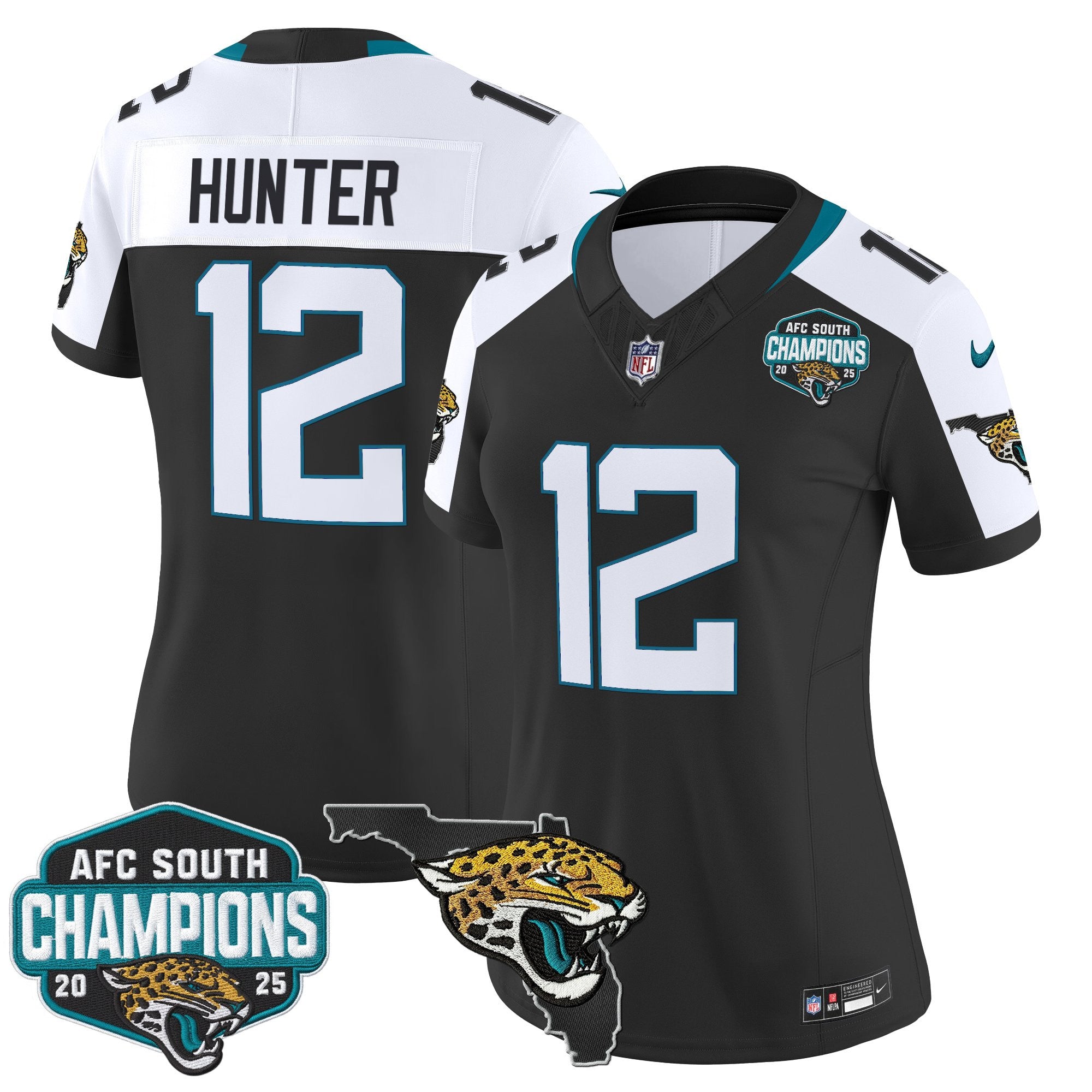 Women's Jacksonville Jaguars 2025 AFC South Division Champions & Florida Patch Vapor Jersey - All Stitched