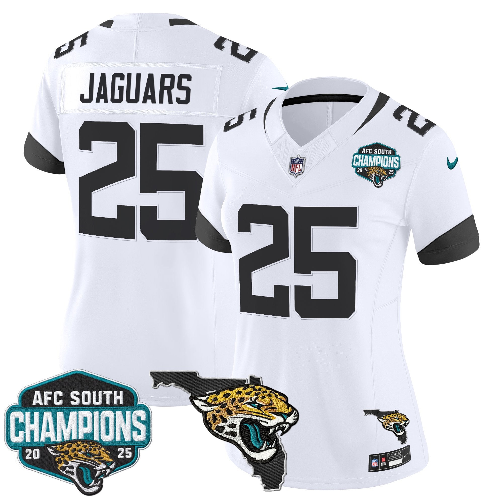 Women's Jacksonville Jaguars 2025 AFC South Division Champions & Florida Patch Vapor Jersey - All Stitched