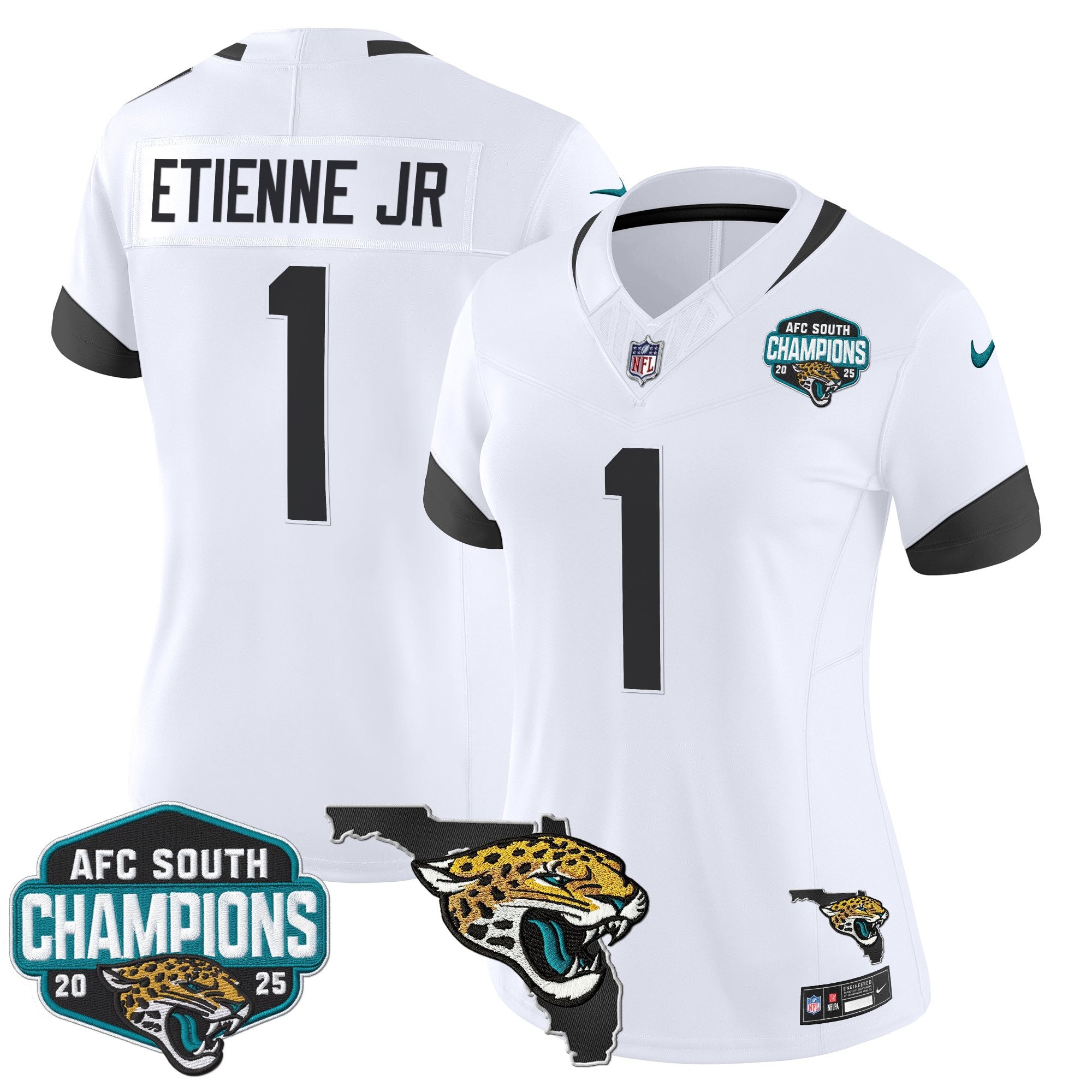 Women's Jacksonville Jaguars 2025 AFC South Division Champions & Florida Patch Vapor Jersey - All Stitched