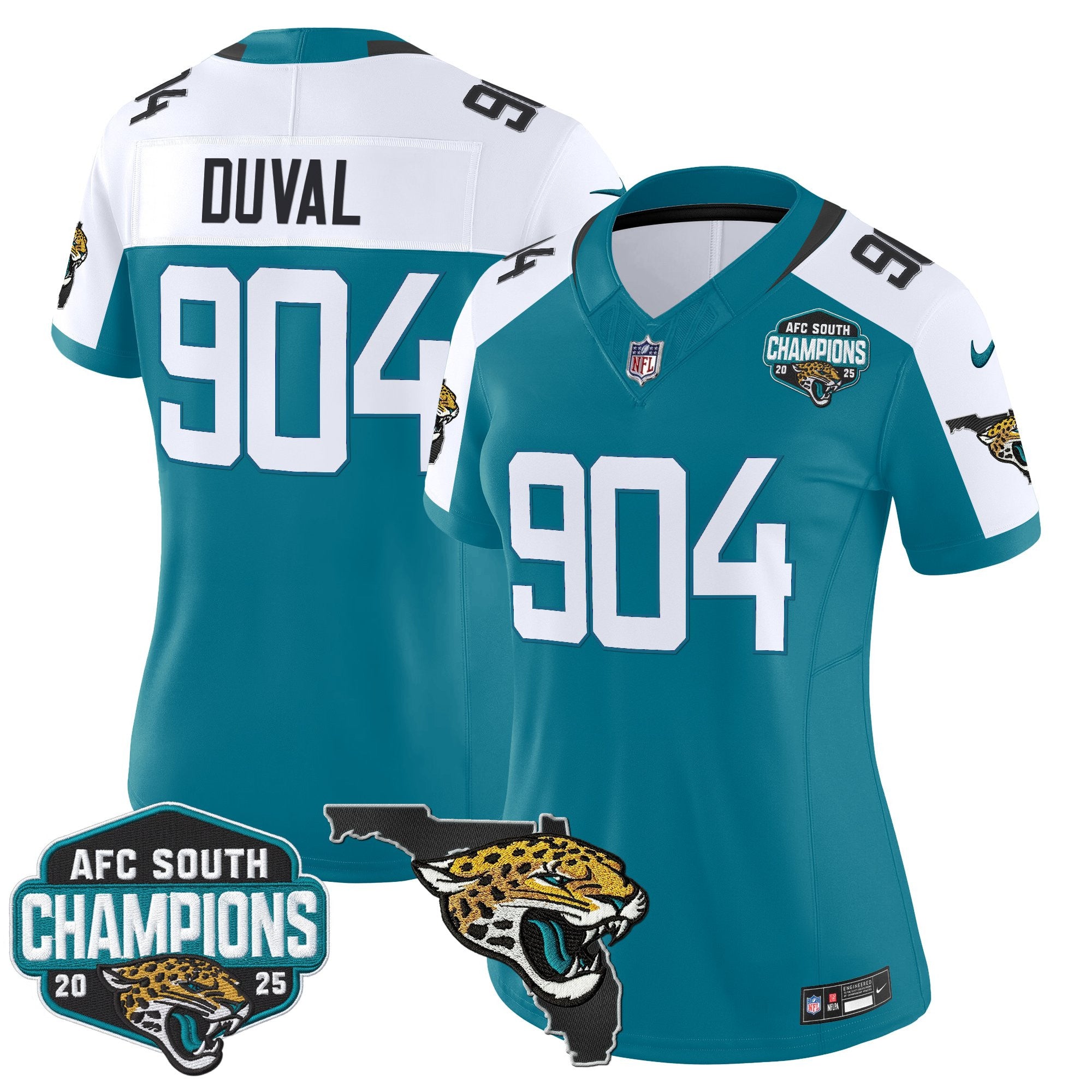 Women's Jacksonville Jaguars 2025 AFC South Division Champions & Florida Patch Vapor Jersey - All Stitched