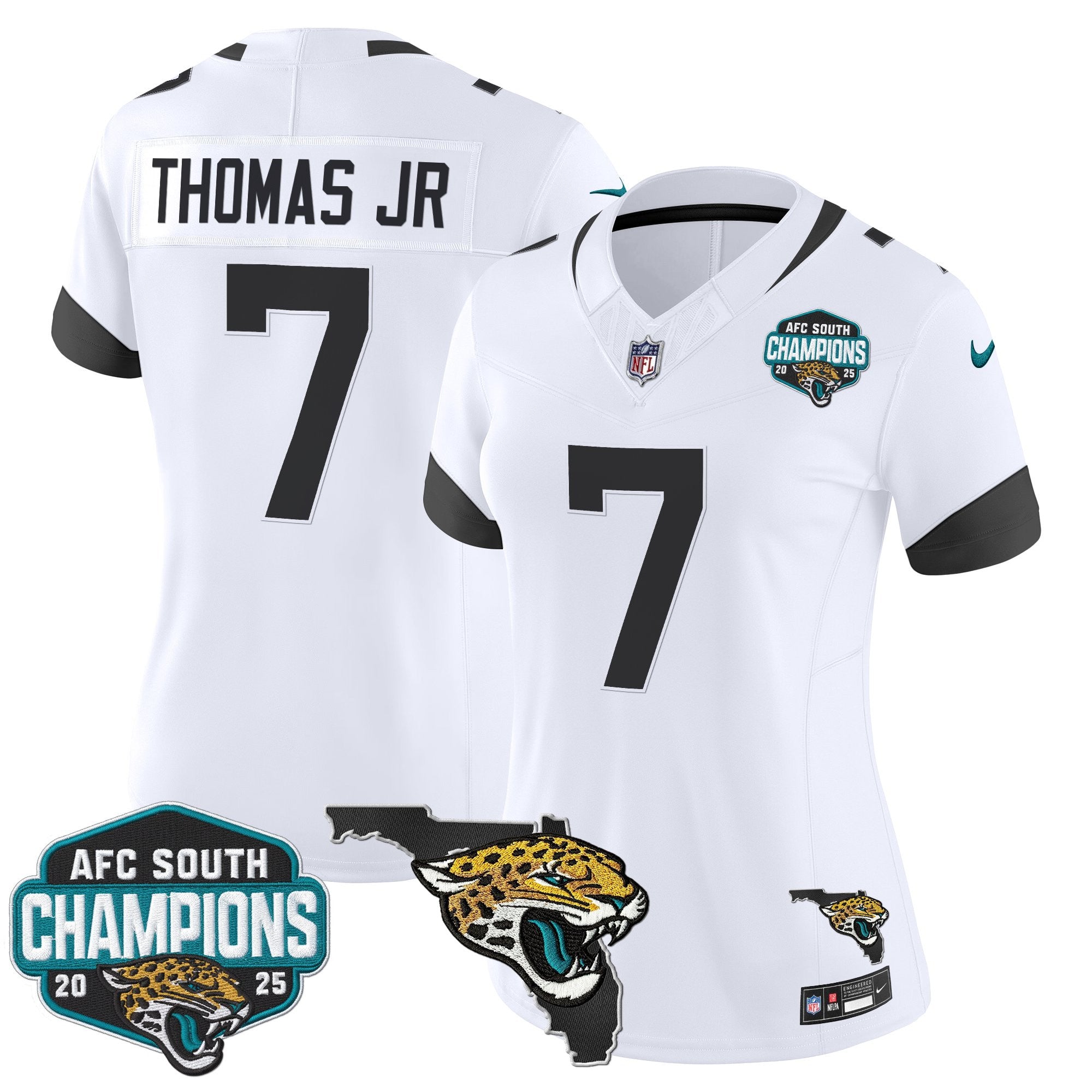 Women's Jacksonville Jaguars 2025 AFC South Division Champions & Florida Patch Vapor Jersey - All Stitched