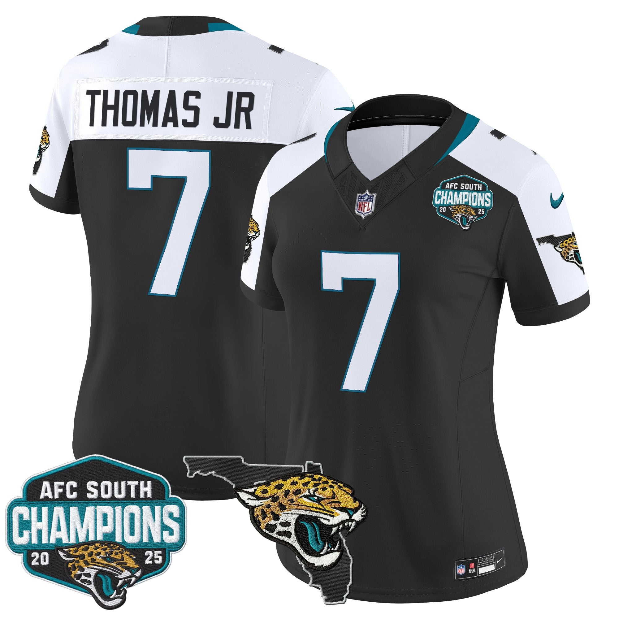 Women's Jacksonville Jaguars 2025 AFC South Division Champions & Florida Patch Vapor Jersey - All Stitched