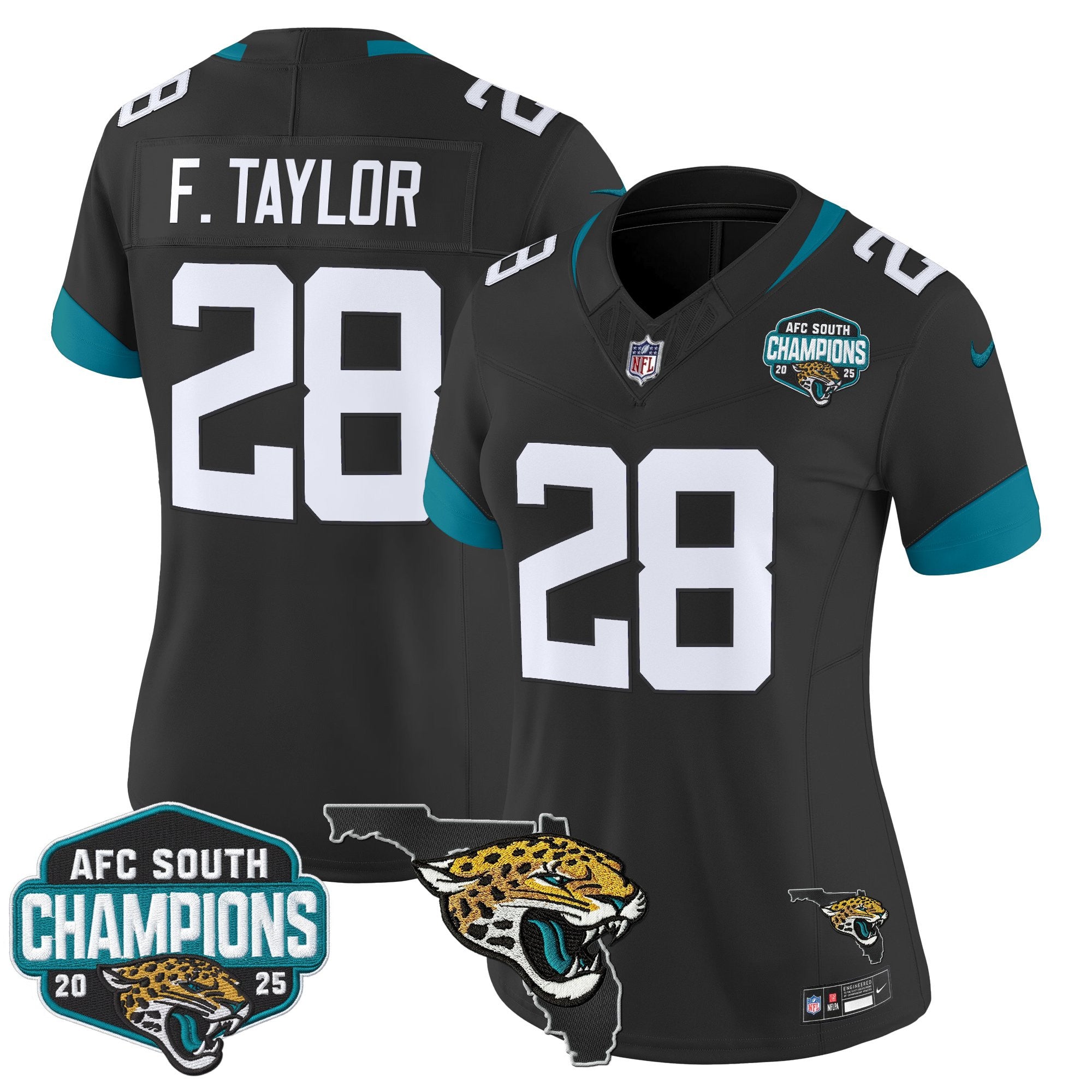 Women's Jacksonville Jaguars 2025 AFC South Division Champions & Florida Patch Vapor Jersey - All Stitched