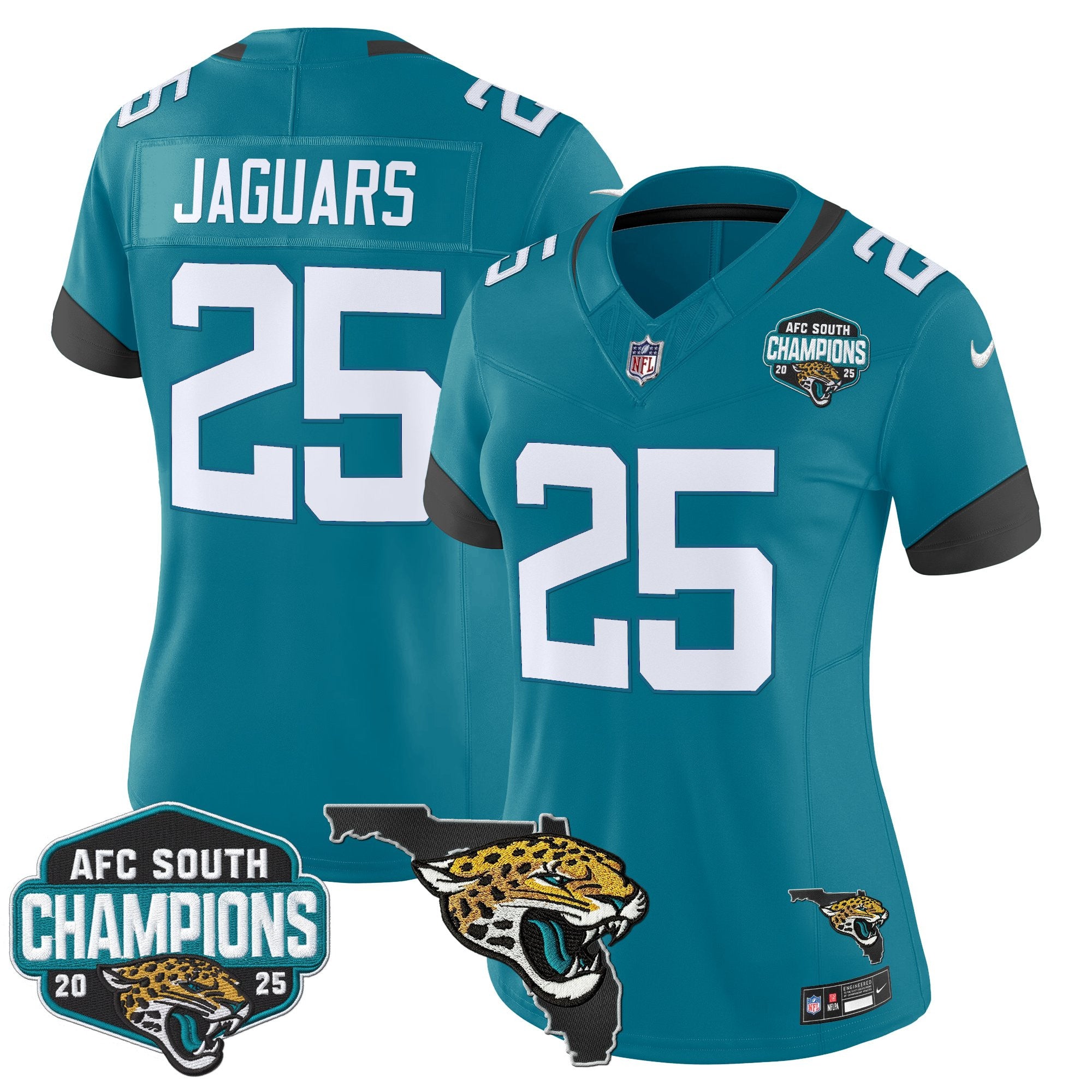 Women's Jacksonville Jaguars 2025 AFC South Division Champions & Florida Patch Vapor Jersey - All Stitched