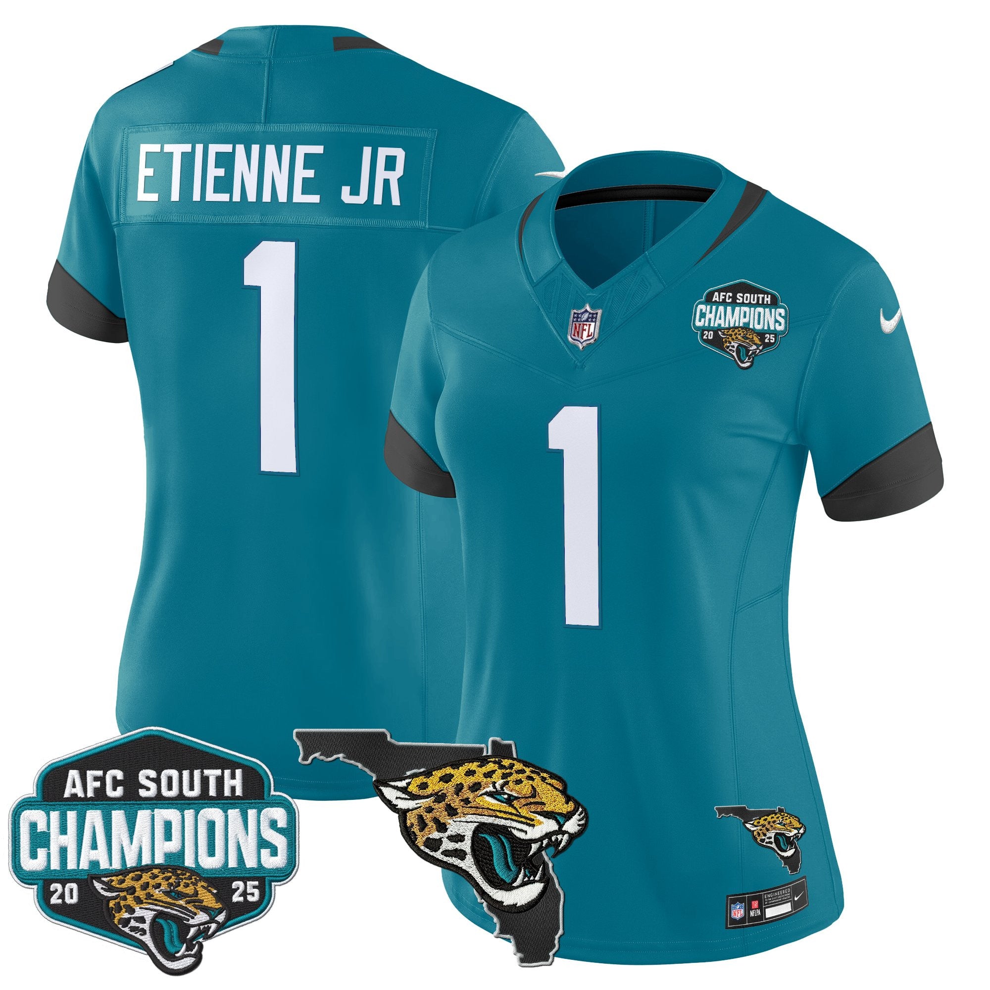 Women's Jacksonville Jaguars 2025 AFC South Division Champions & Florida Patch Vapor Jersey - All Stitched