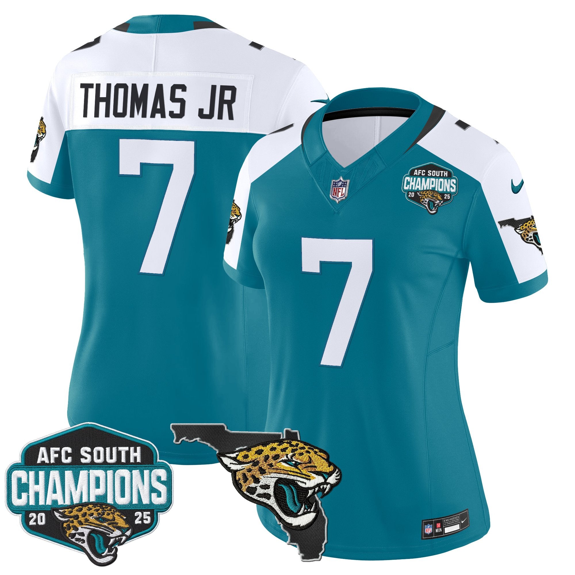 Women's Jacksonville Jaguars 2025 AFC South Division Champions & Florida Patch Vapor Jersey - All Stitched