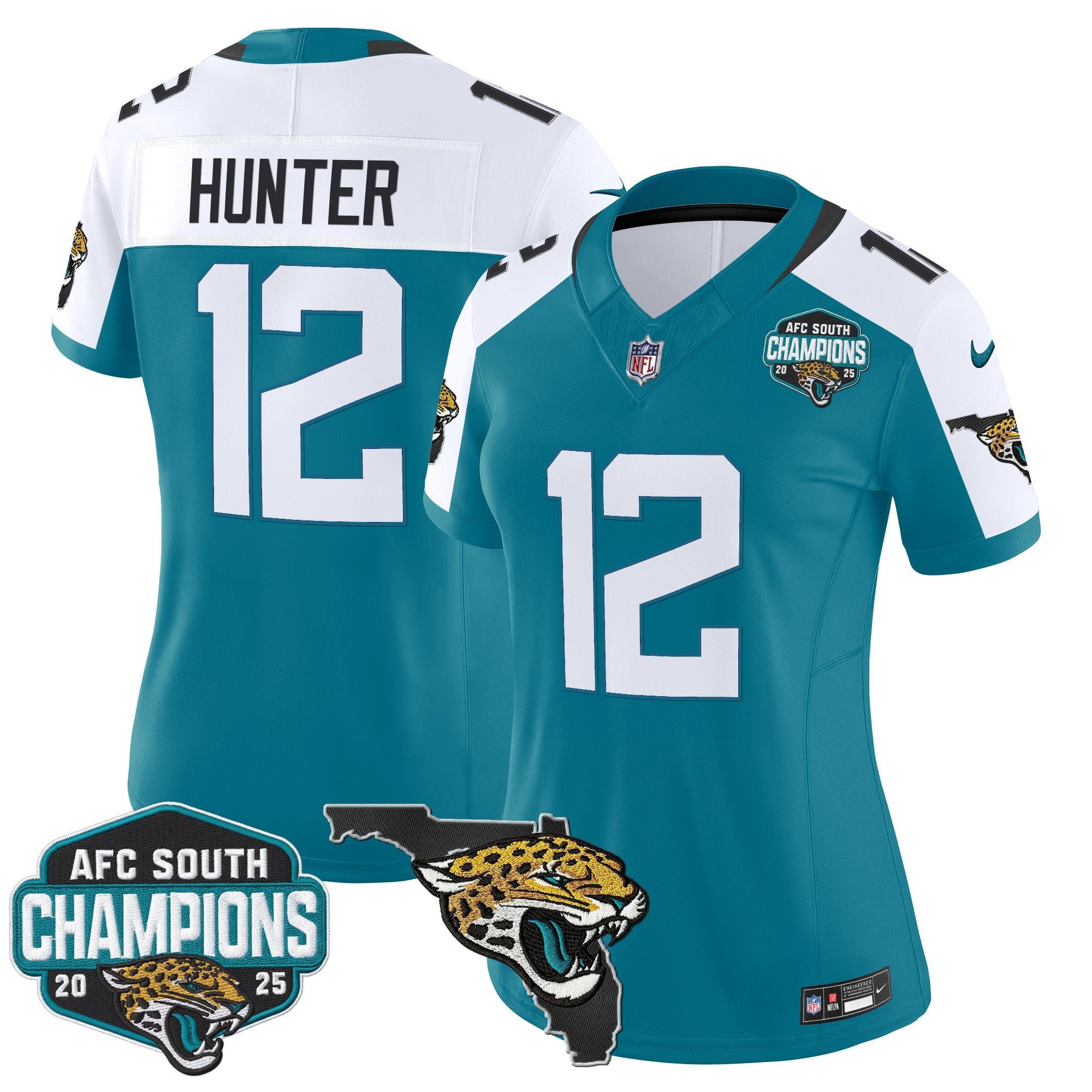 Women's Jacksonville Jaguars 2025 AFC South Division Champions & Florida Patch Vapor Jersey - All Stitched