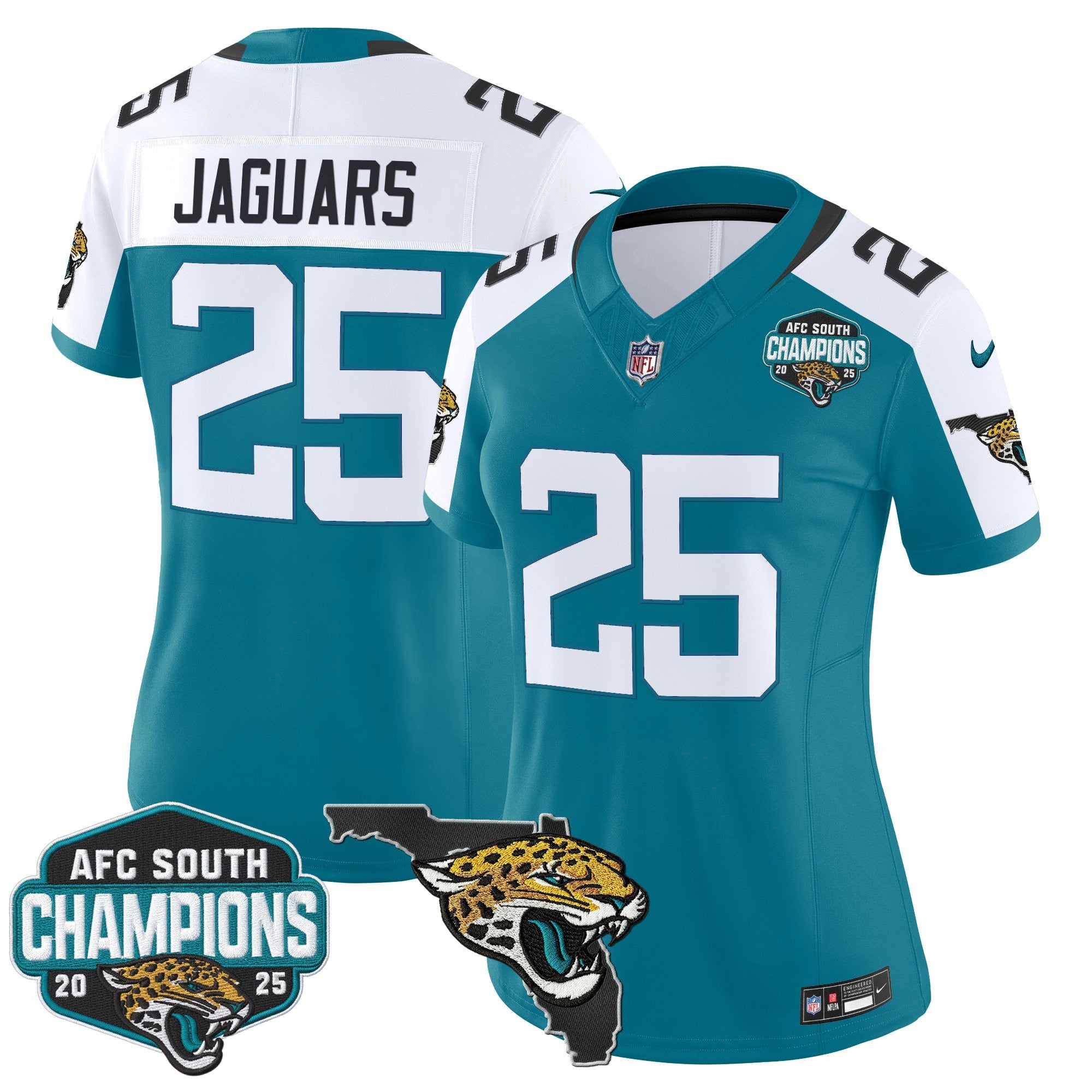 Women's Jacksonville Jaguars 2025 AFC South Division Champions & Florida Patch Vapor Jersey - All Stitched