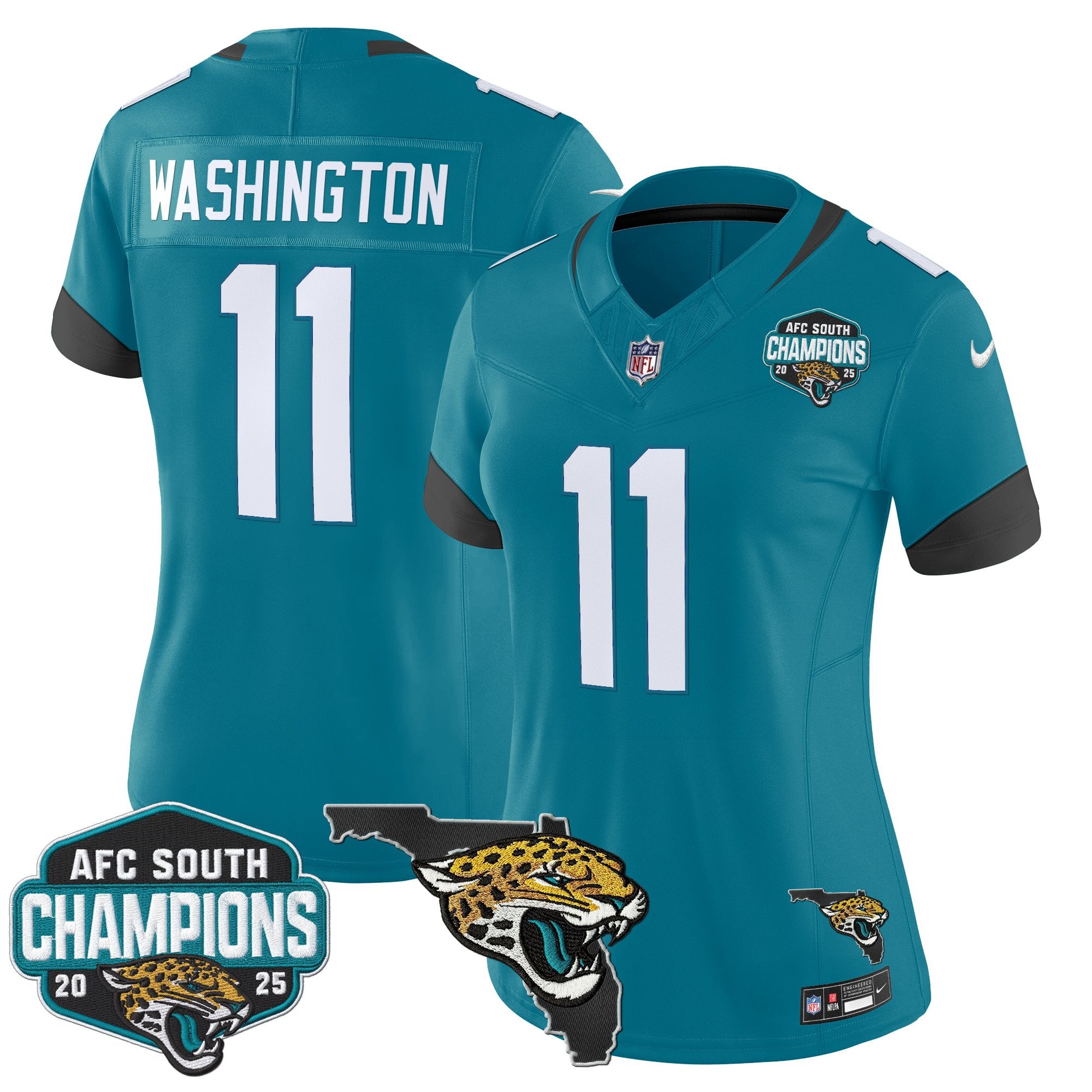 Women's Jacksonville Jaguars 2025 AFC South Division Champions & Florida Patch Vapor Jersey - All Stitched