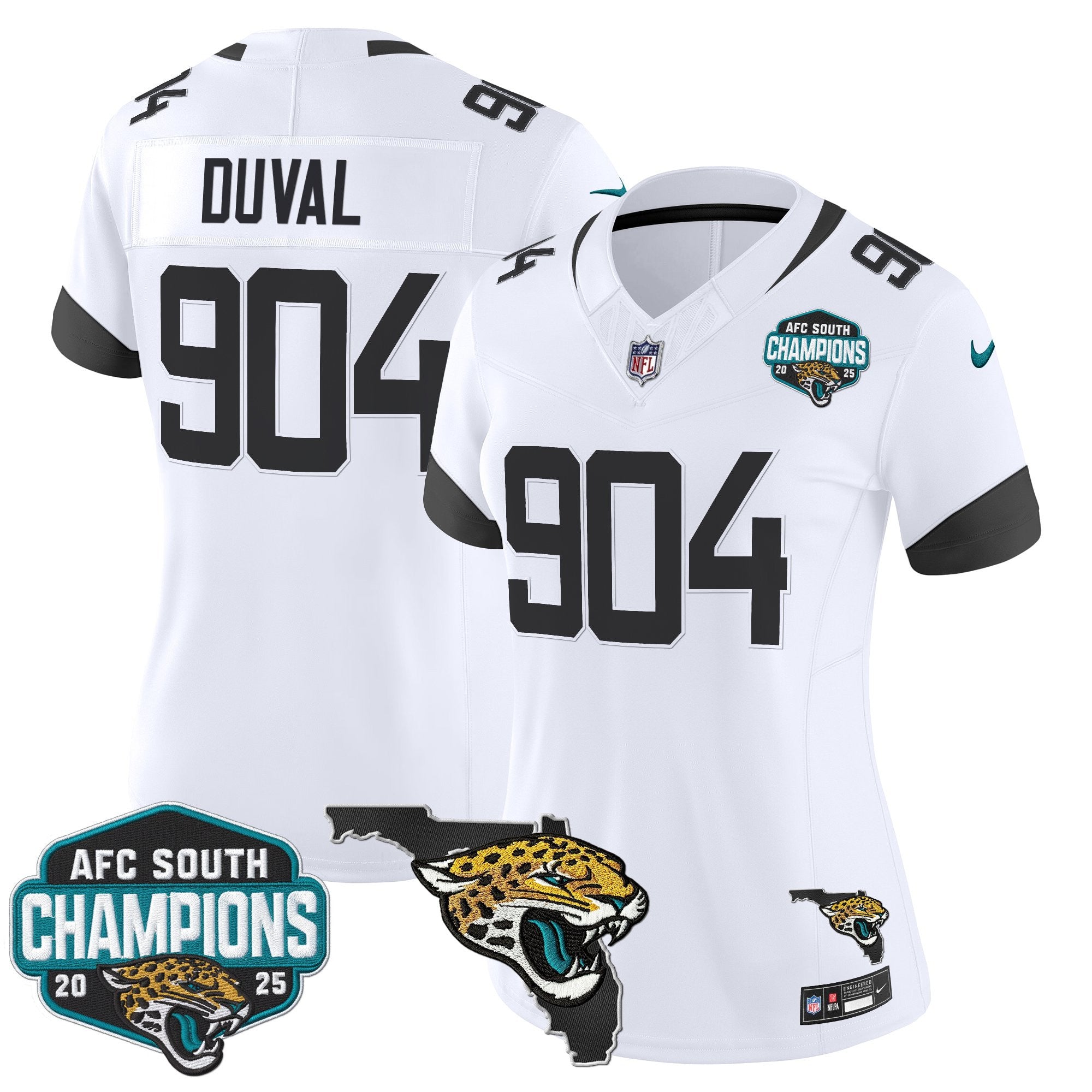 Women's Jacksonville Jaguars 2025 AFC South Division Champions & Florida Patch Vapor Jersey - All Stitched