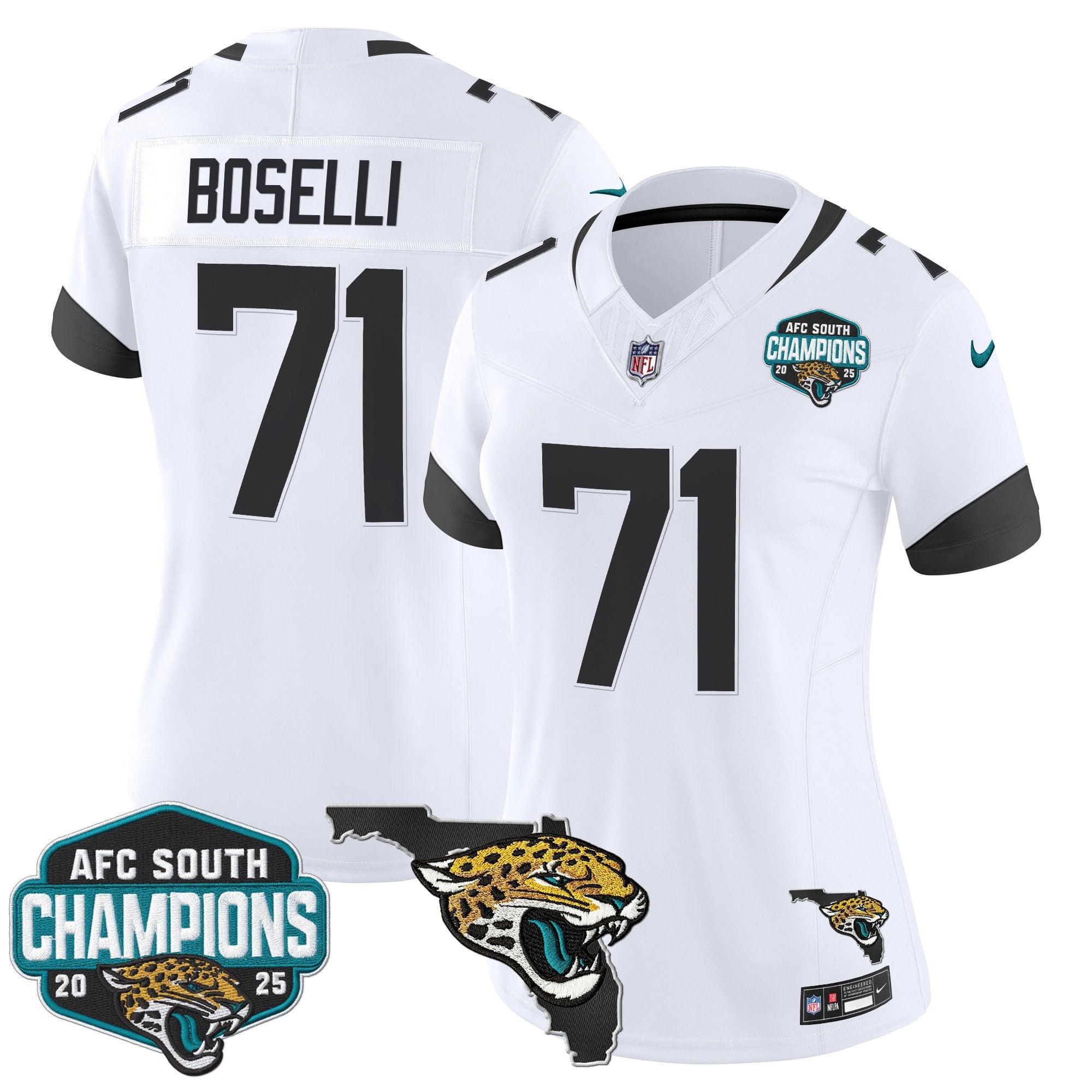 Women's Jacksonville Jaguars 2025 AFC South Division Champions & Florida Patch Vapor Jersey - All Stitched