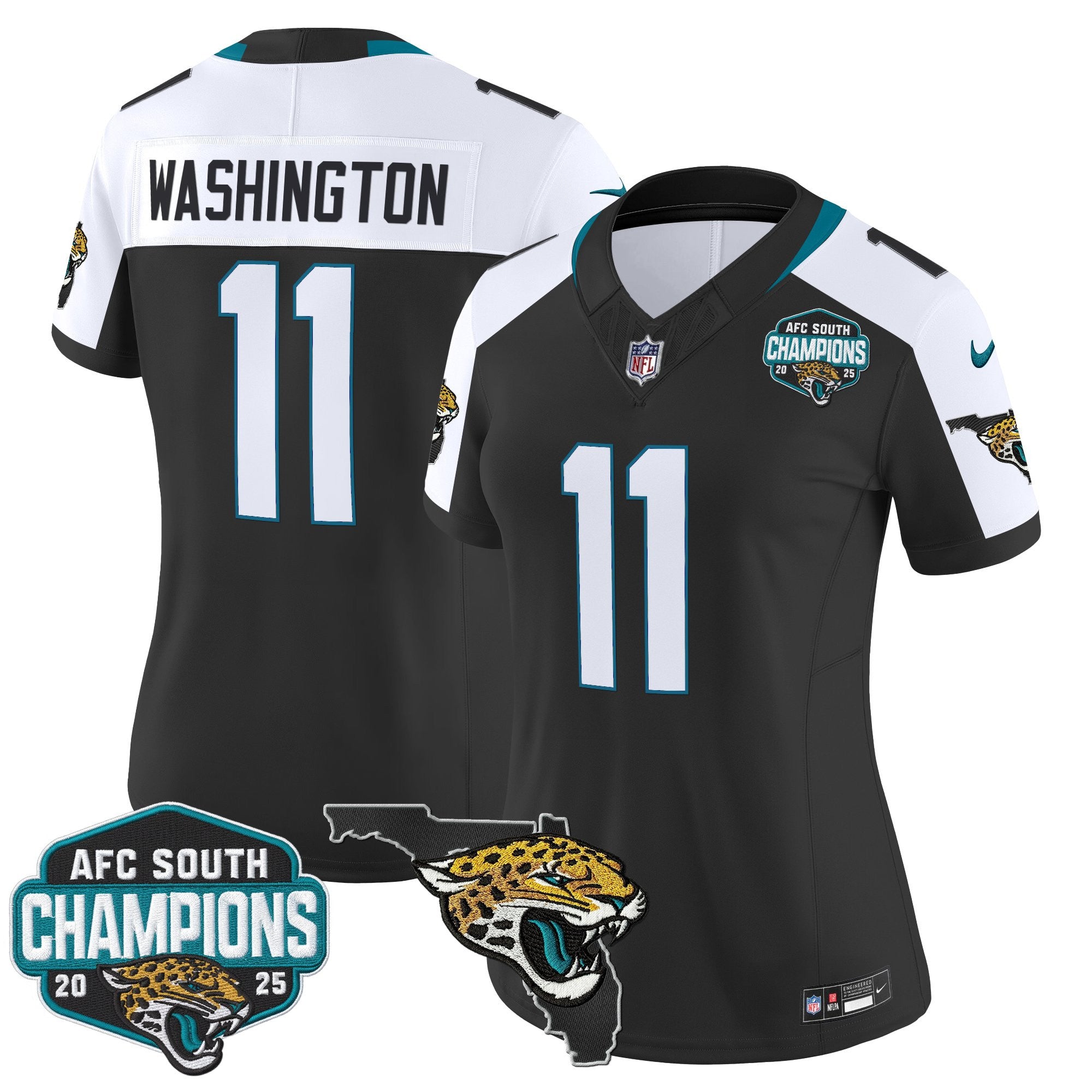 Women's Jacksonville Jaguars 2025 AFC South Division Champions & Florida Patch Vapor Jersey - All Stitched