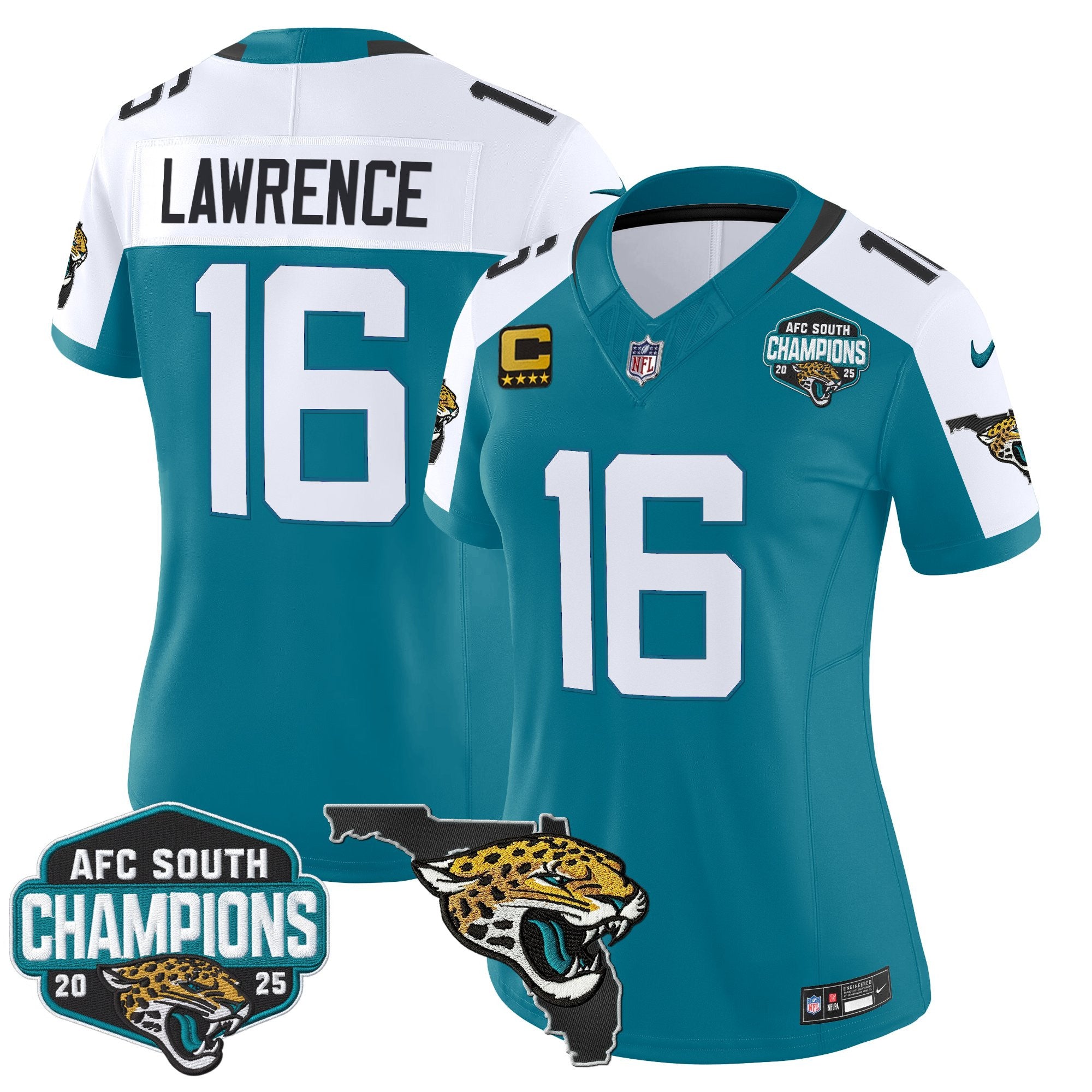 Women's Jacksonville Jaguars 2025 AFC South Division Champions & Florida Patch Vapor Jersey - All Stitched