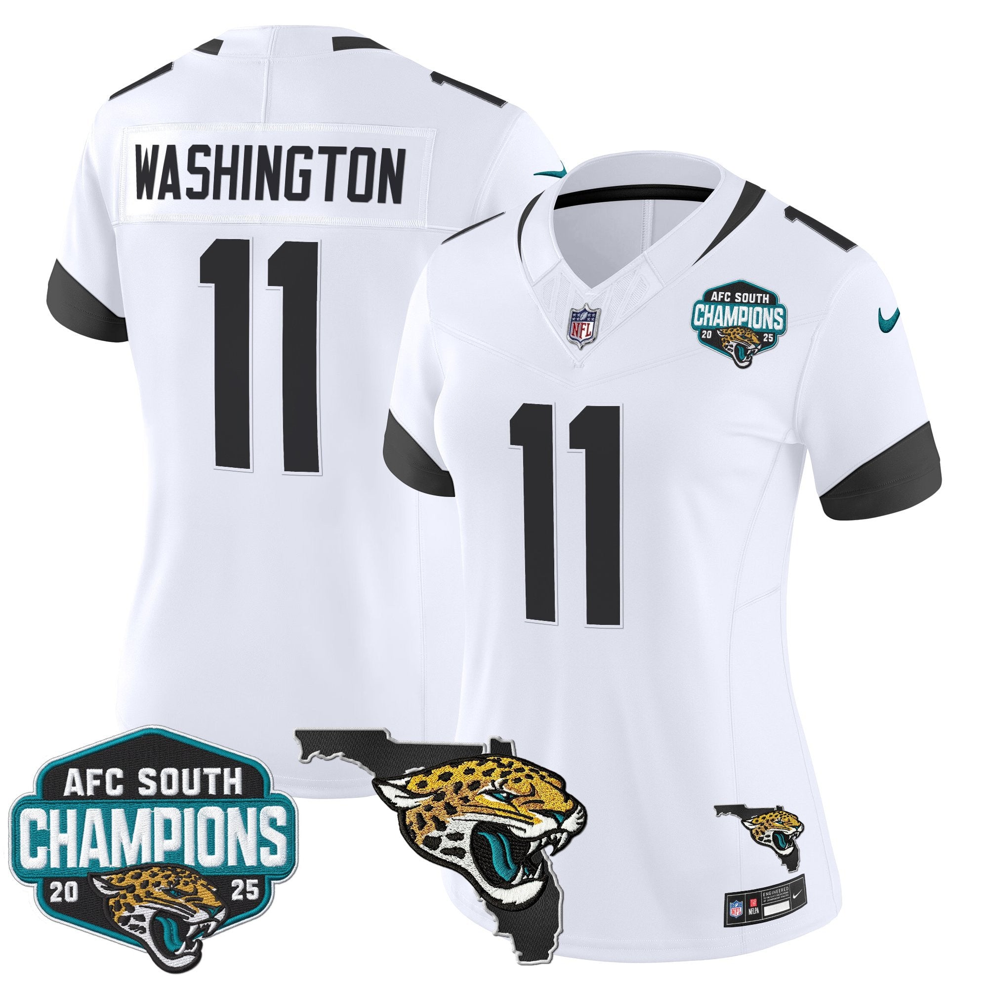 Women's Jacksonville Jaguars 2025 AFC South Division Champions & Florida Patch Vapor Jersey - All Stitched