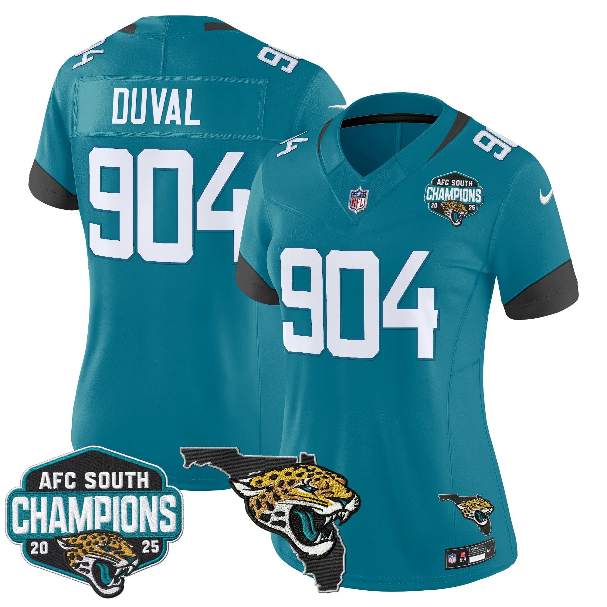 Women's Jacksonville Jaguars 2025 AFC South Division Champions & Florida Patch Vapor Jersey - All Stitched
