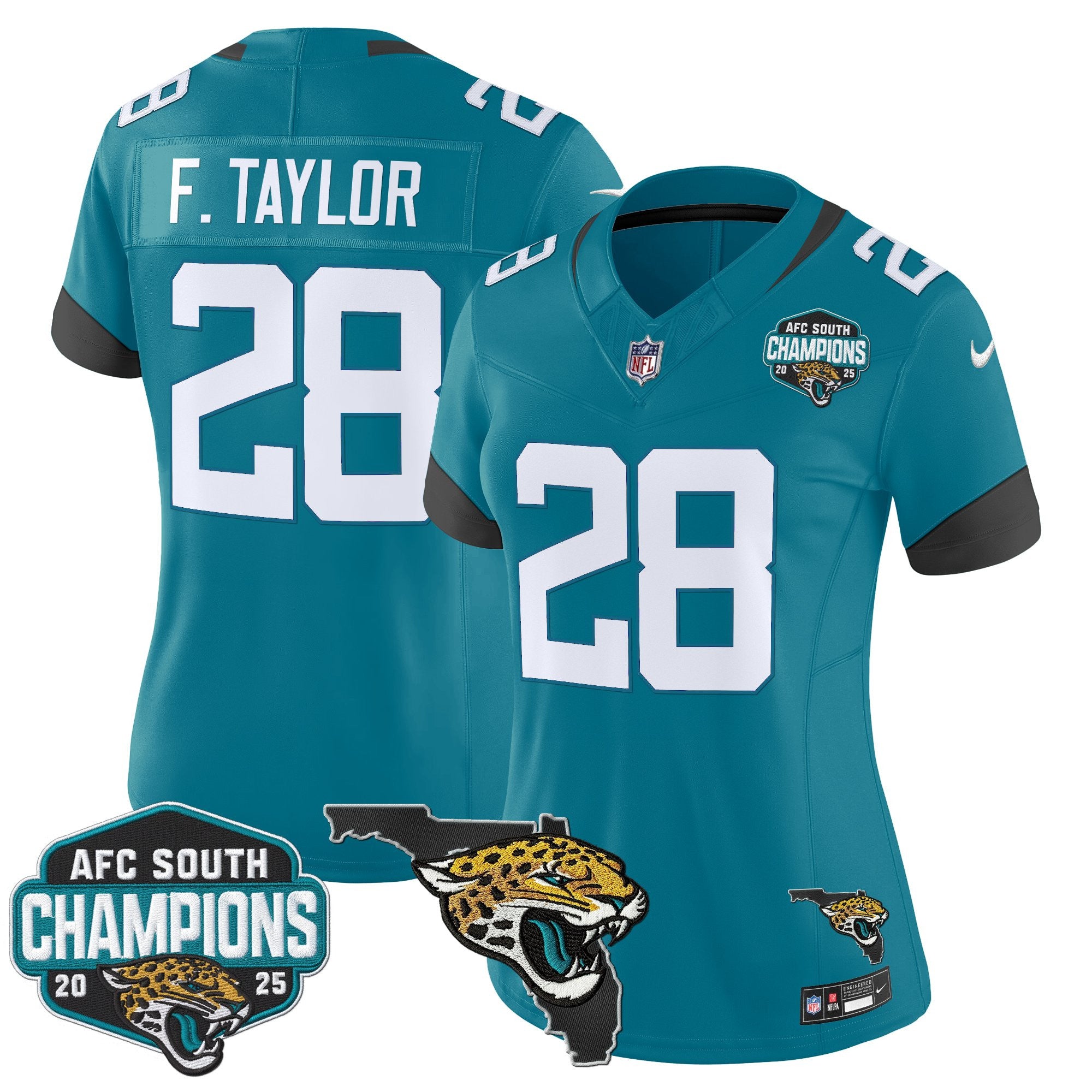 Women's Jacksonville Jaguars 2025 AFC South Division Champions & Florida Patch Vapor Jersey - All Stitched
