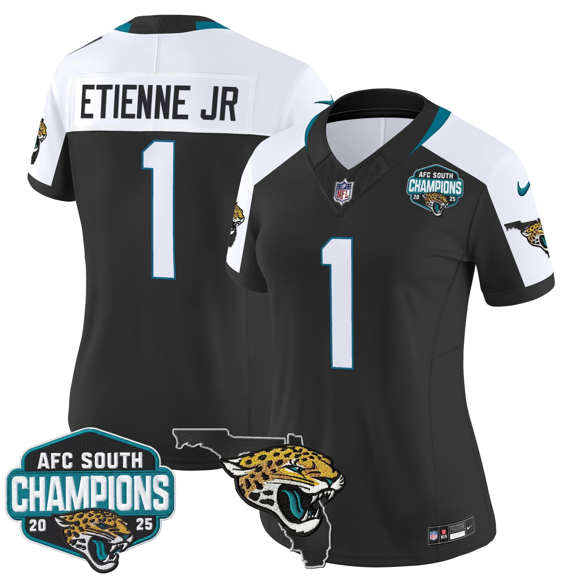 Women's Jacksonville Jaguars 2025 AFC South Division Champions & Florida Patch Vapor Jersey - All Stitched