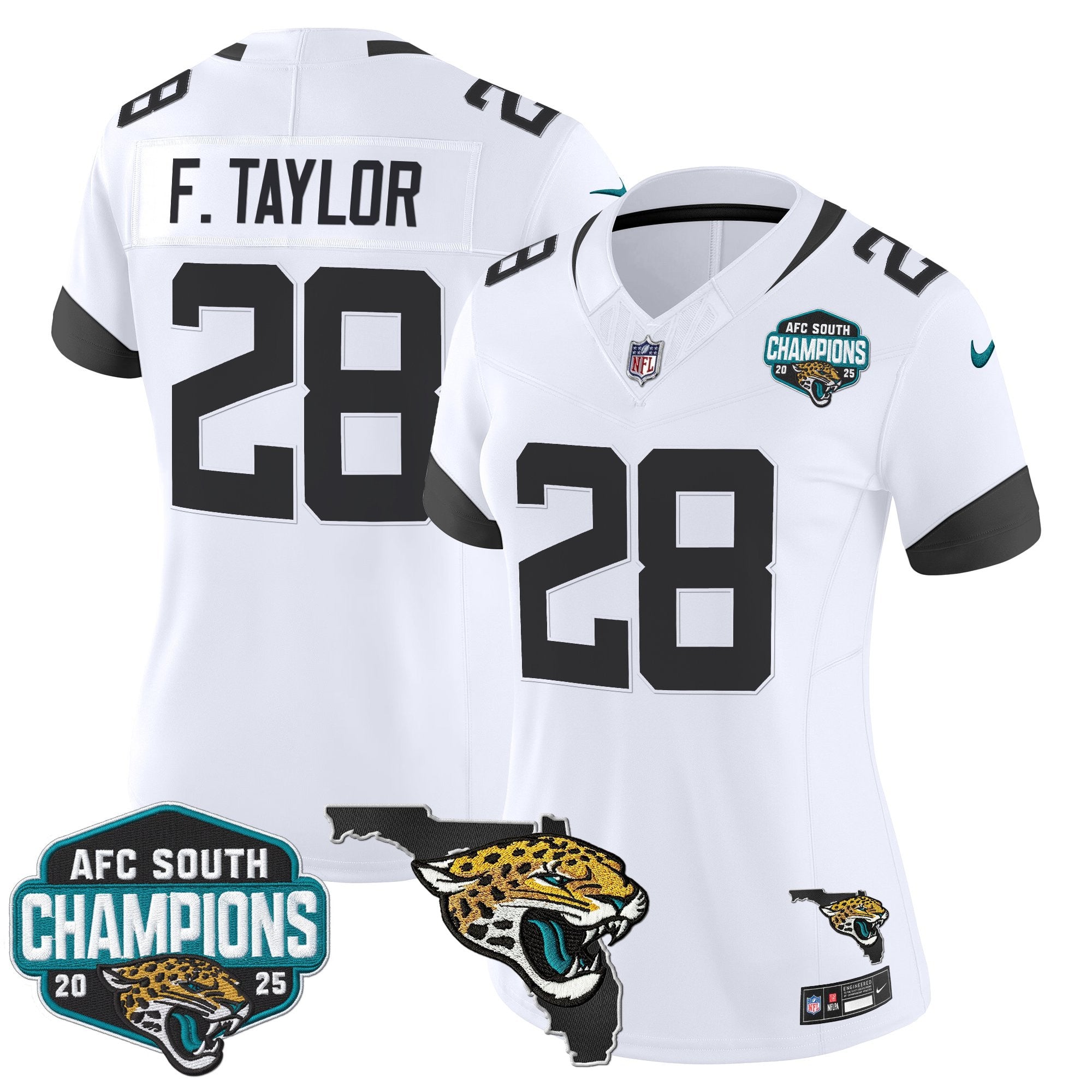 Women's Jacksonville Jaguars 2025 AFC South Division Champions & Florida Patch Vapor Jersey - All Stitched