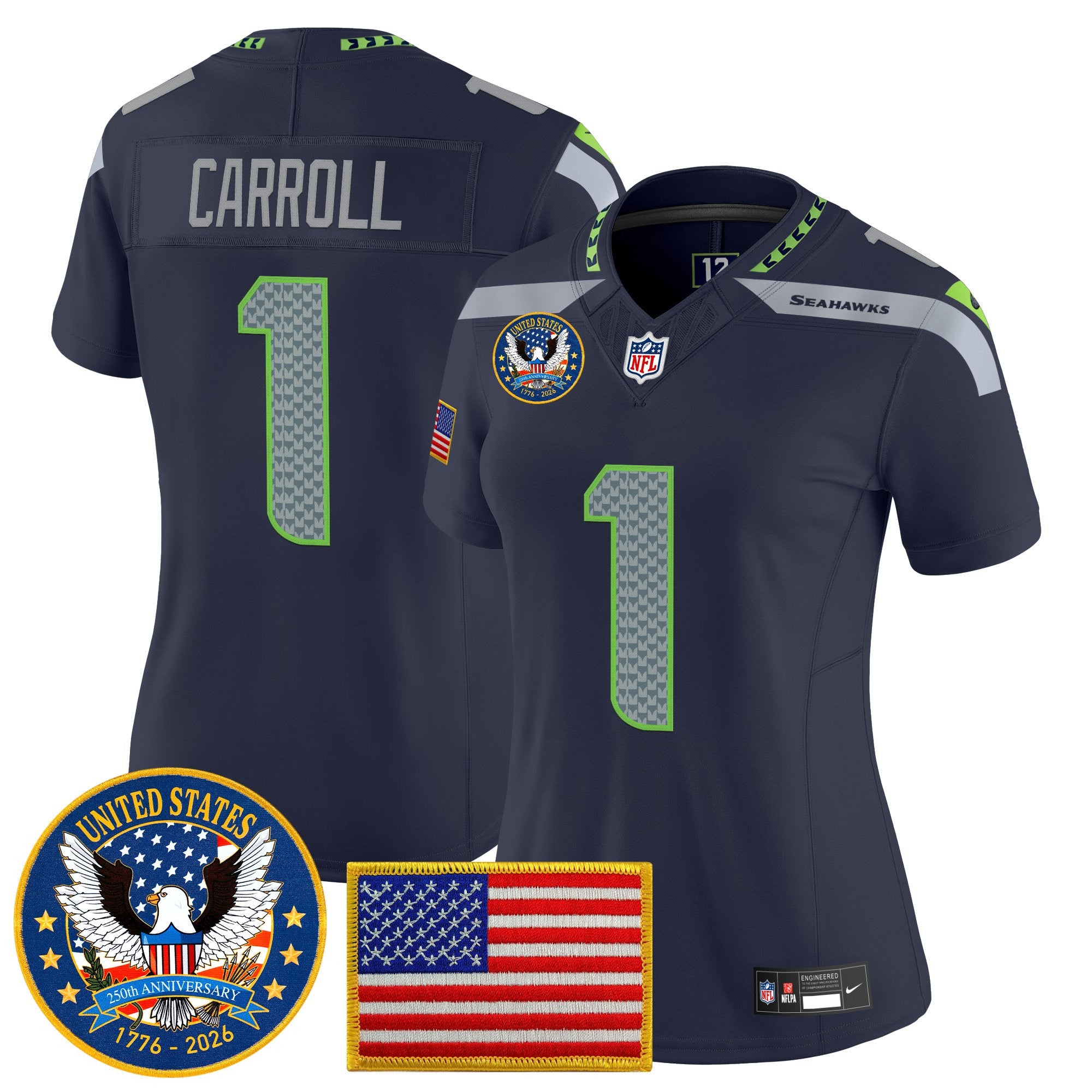 Women's Seattle Seahawks "United States 250th Anniversary Patch" Vapor Limited Jersey - All Stitched