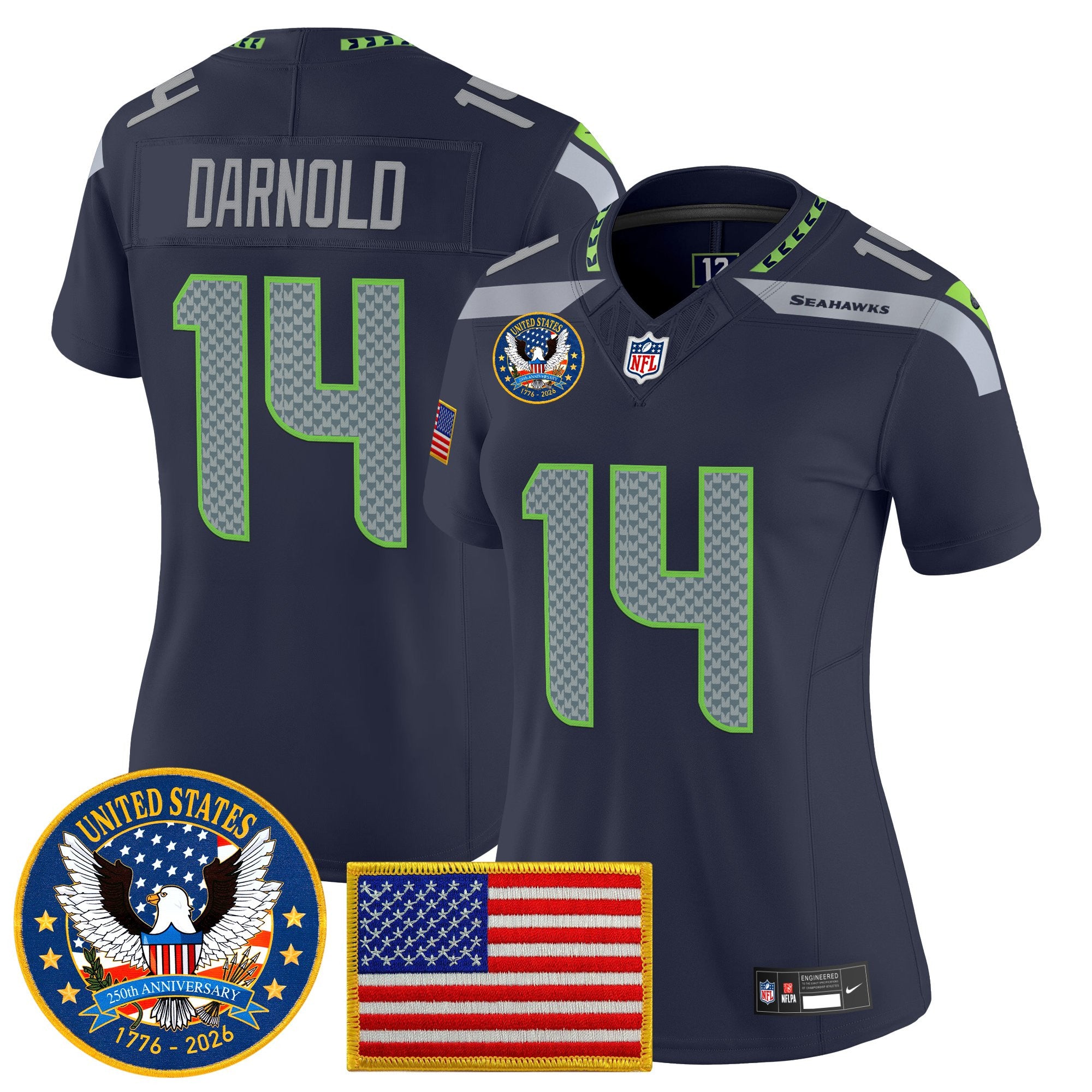 Women's Seattle Seahawks "United States 250th Anniversary Patch" Vapor Limited Jersey - All Stitched