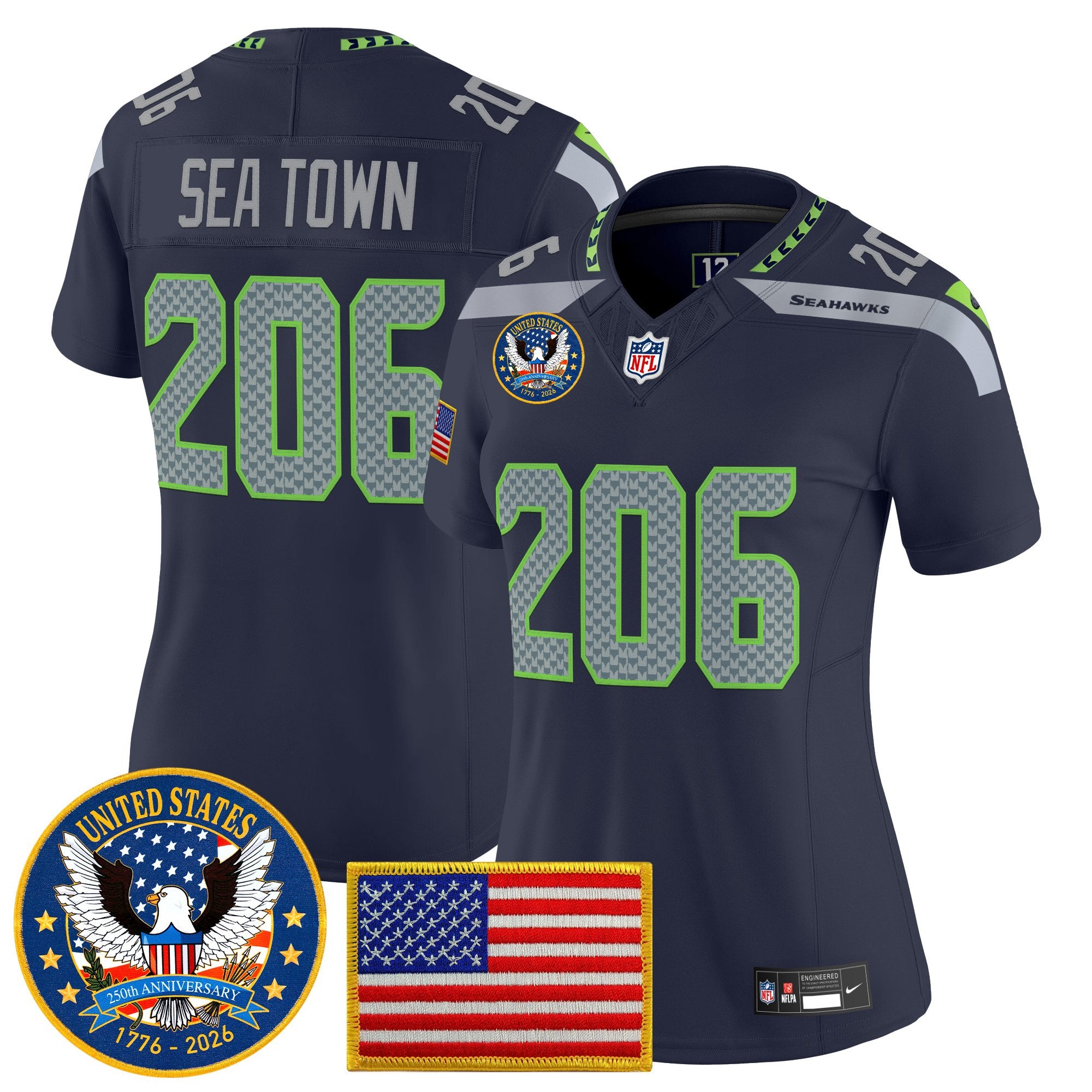 Women's Seattle Seahawks "United States 250th Anniversary Patch" Vapor Limited Jersey - All Stitched