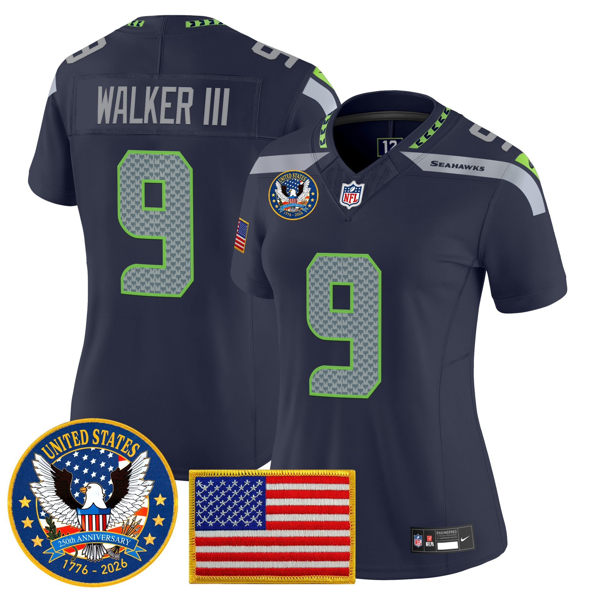 Women's Seattle Seahawks "United States 250th Anniversary Patch" Vapor Limited Jersey - All Stitched