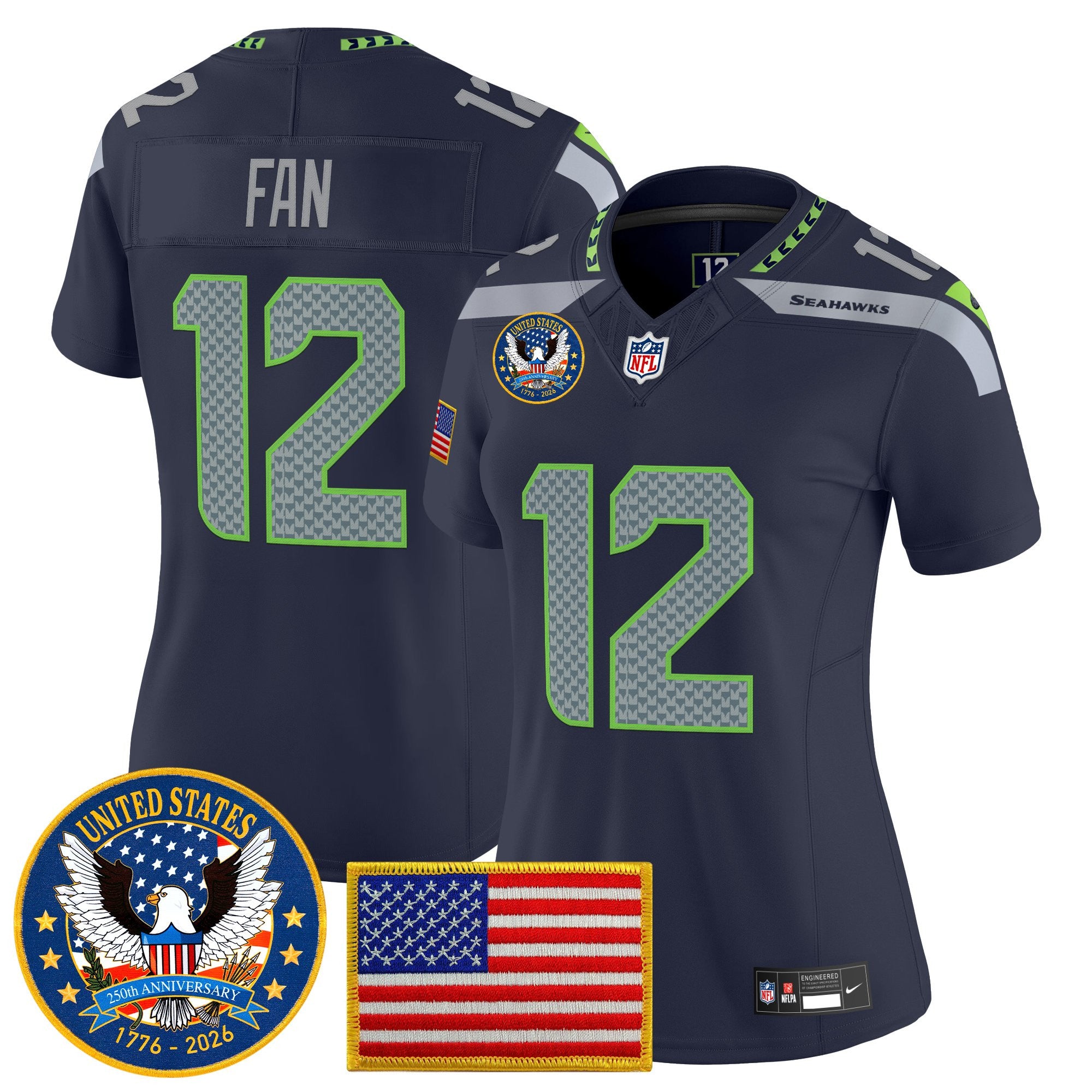 Women's Seattle Seahawks "United States 250th Anniversary Patch" Vapor Limited Jersey - All Stitched