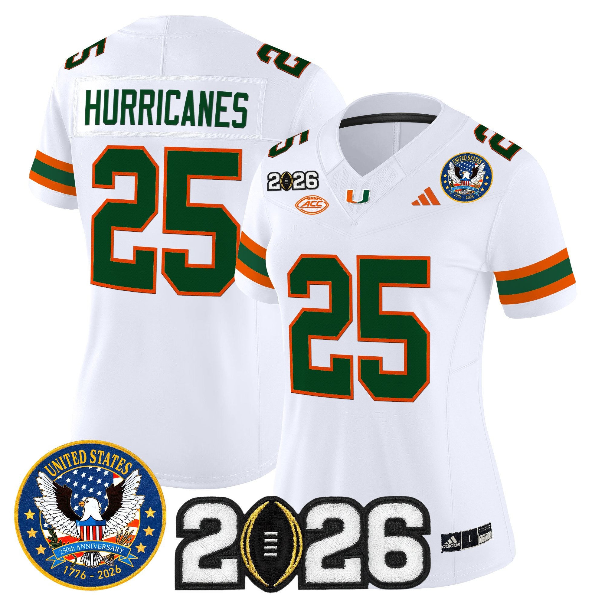 Women's Miami Hurricanes "United States 250th Anniversary & 2026 CFP Final Patch" Vapor Limited Jersey - All Stitched