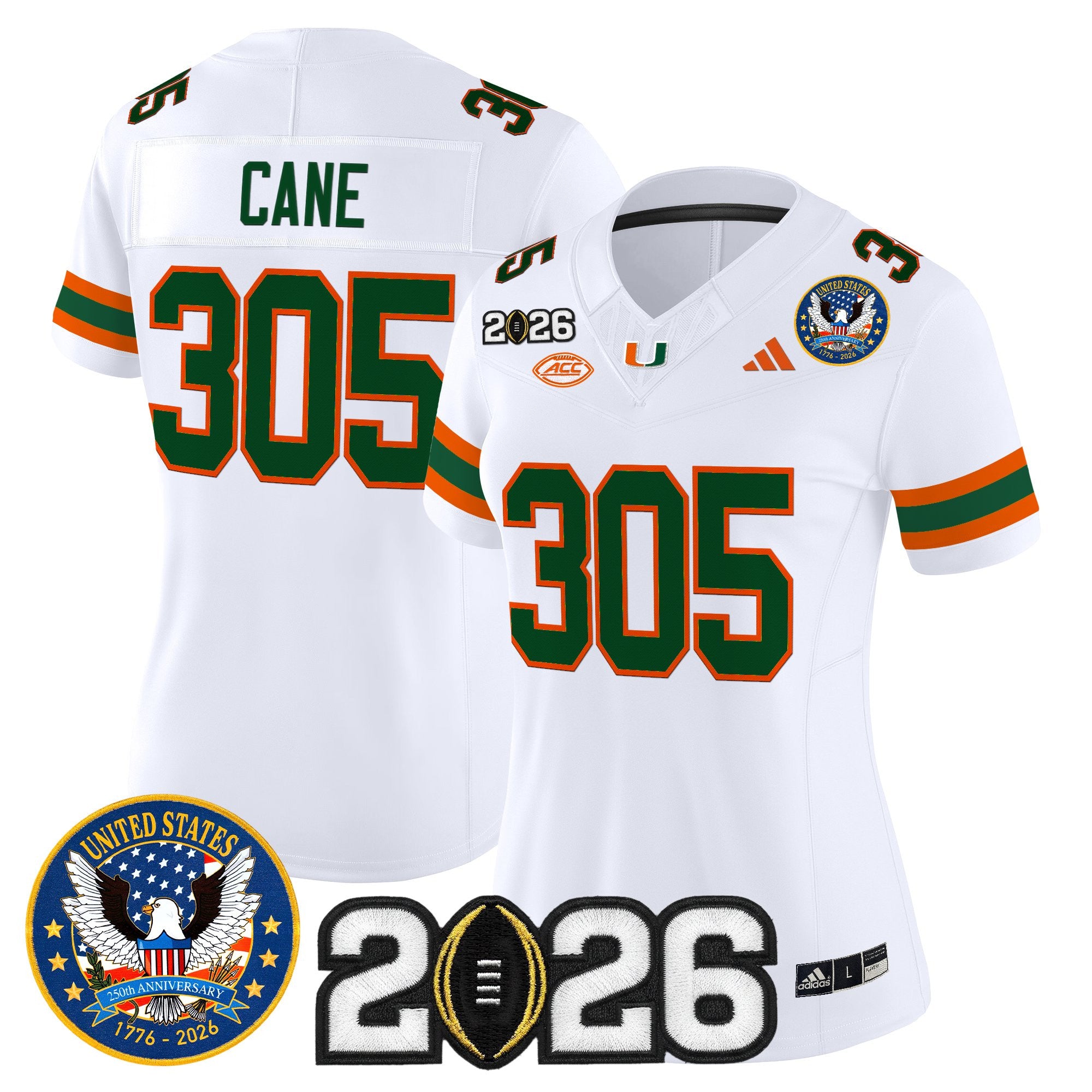 Women's Miami Hurricanes "United States 250th Anniversary & 2026 CFP Final Patch" Vapor Limited Jersey - All Stitched