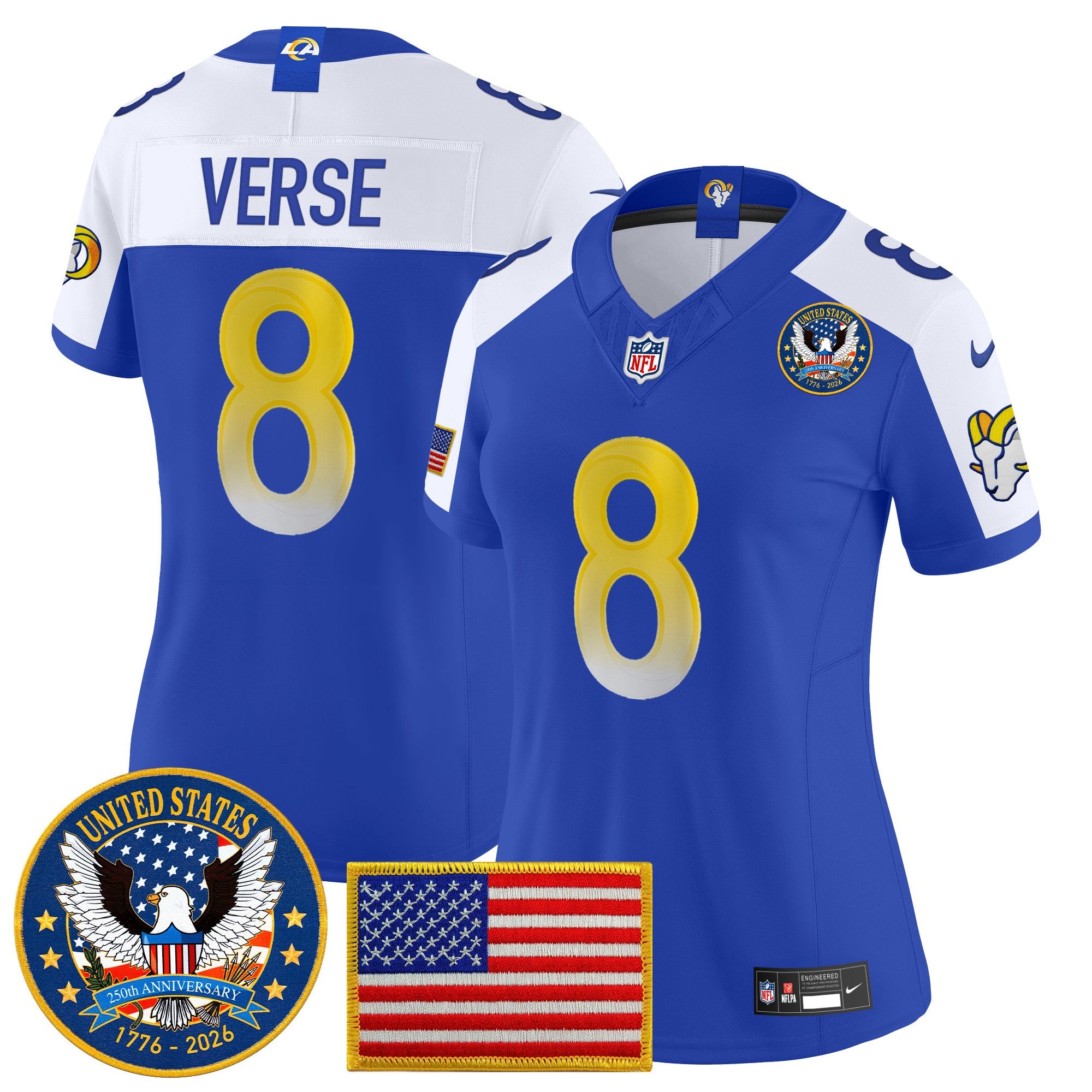 Women's Los Angeles Rams 2025 "United States 250th Anniversary Patch" Vapor Limited Jersey - All Stitched