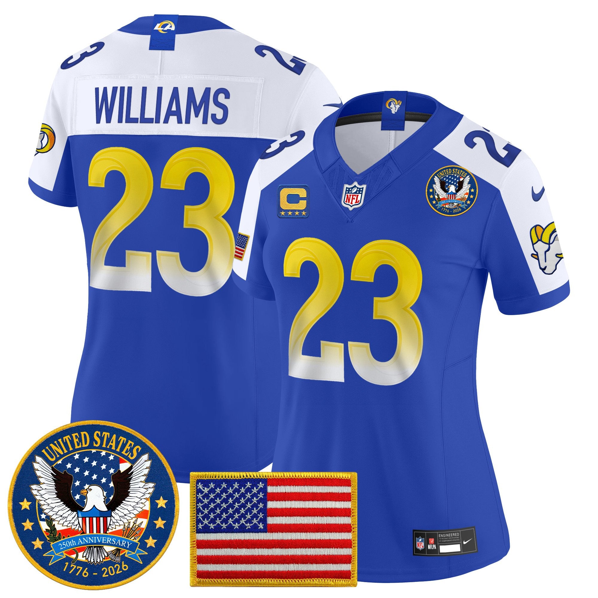 Women's Los Angeles Rams 2025 "United States 250th Anniversary Patch" Vapor Limited Jersey - All Stitched