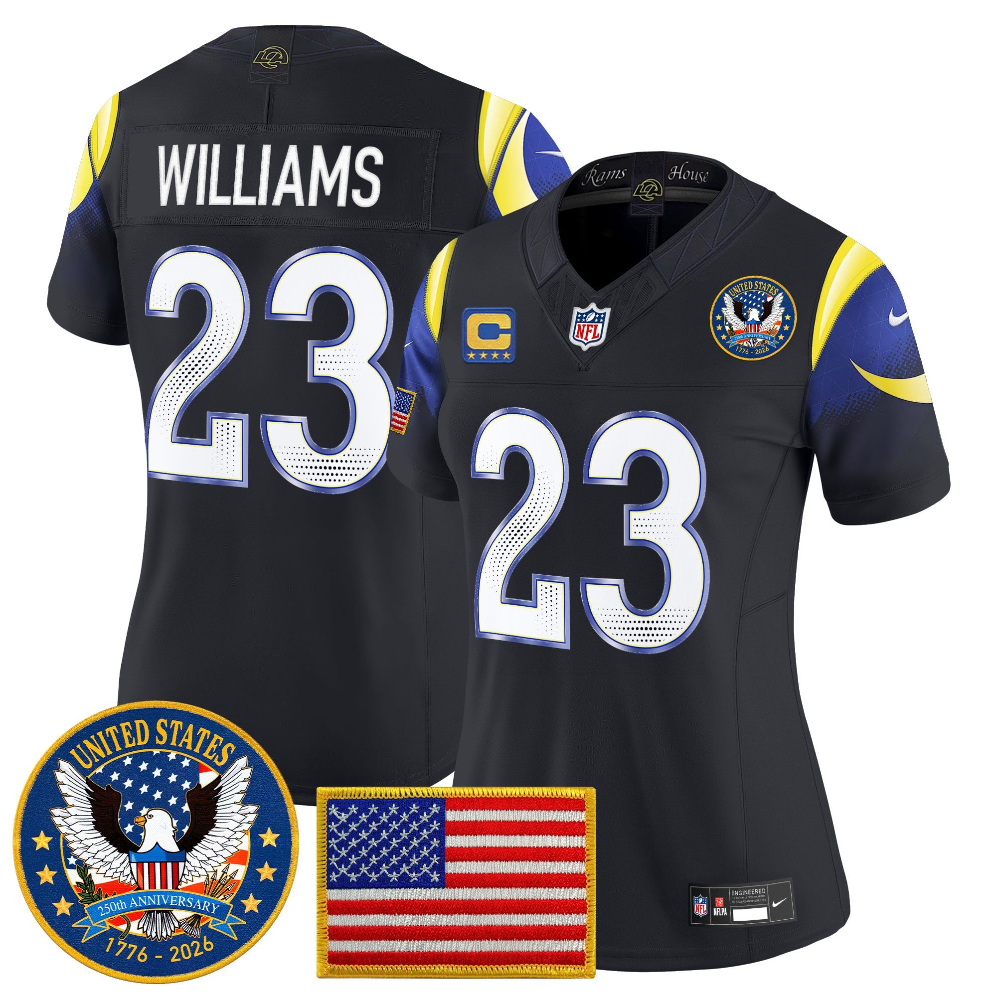 Women's Los Angeles Rams 2025 "United States 250th Anniversary Patch" Vapor Limited Jersey - All Stitched