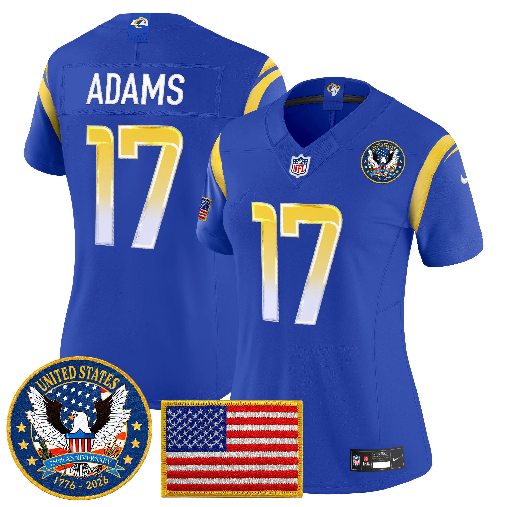 Women's Los Angeles Rams 2025 "United States 250th Anniversary Patch" Vapor Limited Jersey - All Stitched