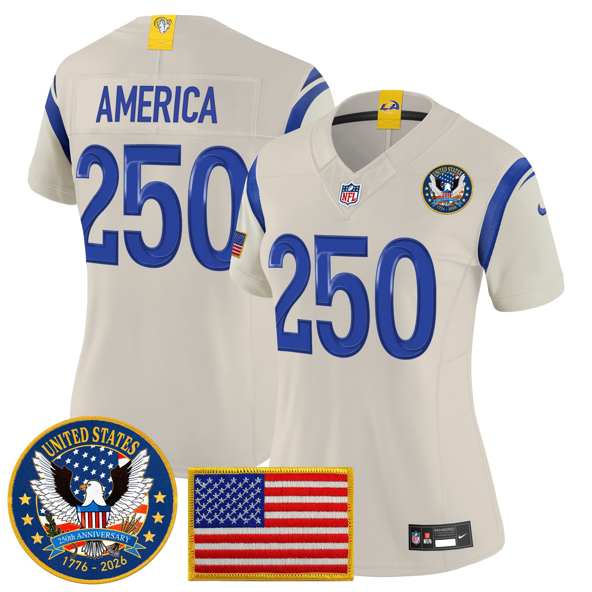 Women's Los Angeles Rams 2025 "United States 250th Anniversary Patch" Vapor Limited Jersey - All Stitched